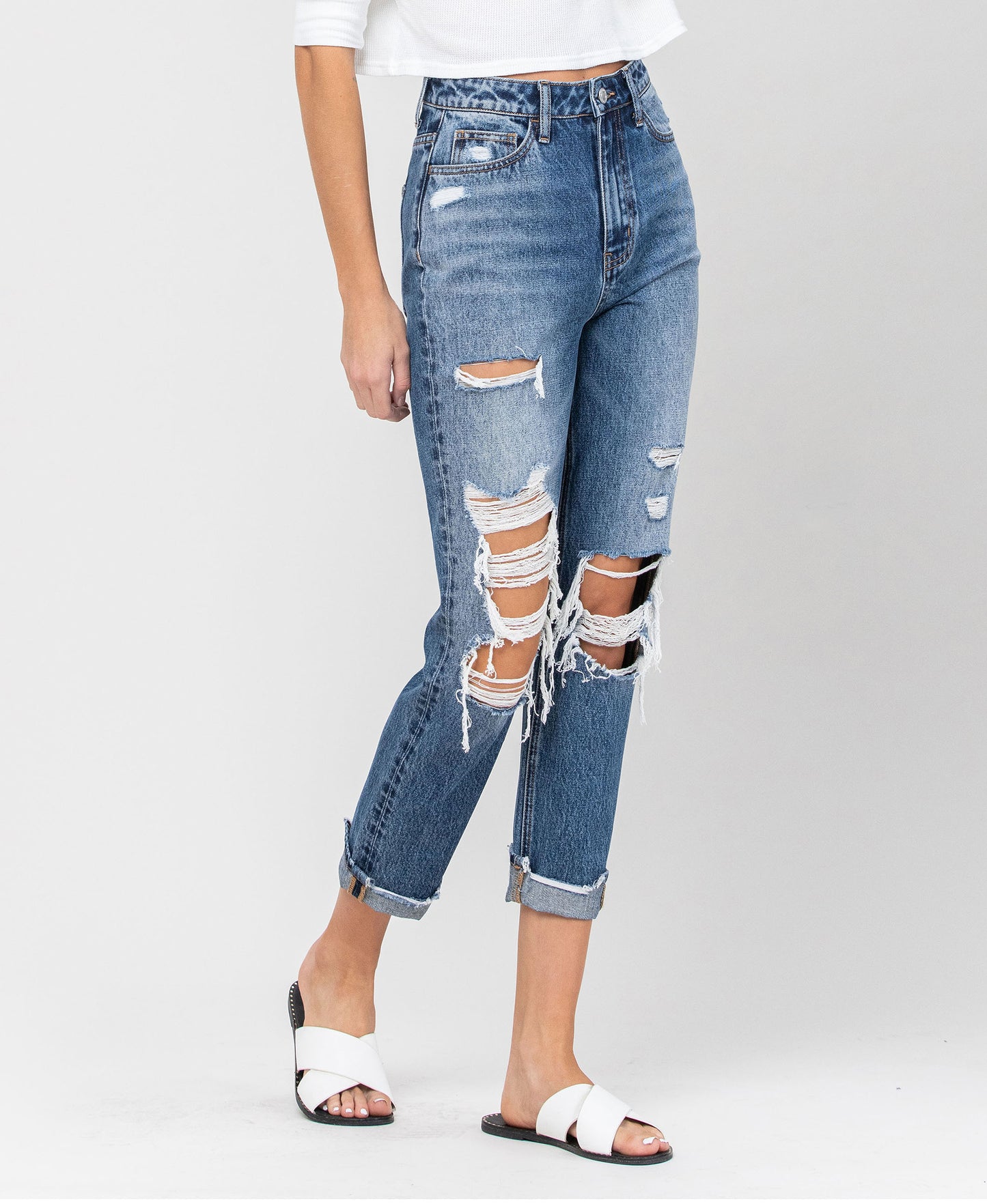 Right 45 degrees product image of Hart - Distressed Cuffed Denim Mom Jeans