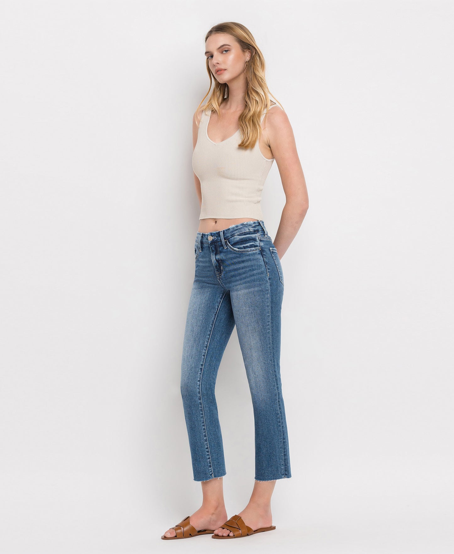 Left 45 degrees product image of Midnight - Mid Rise Crop Slim Straight Jeans