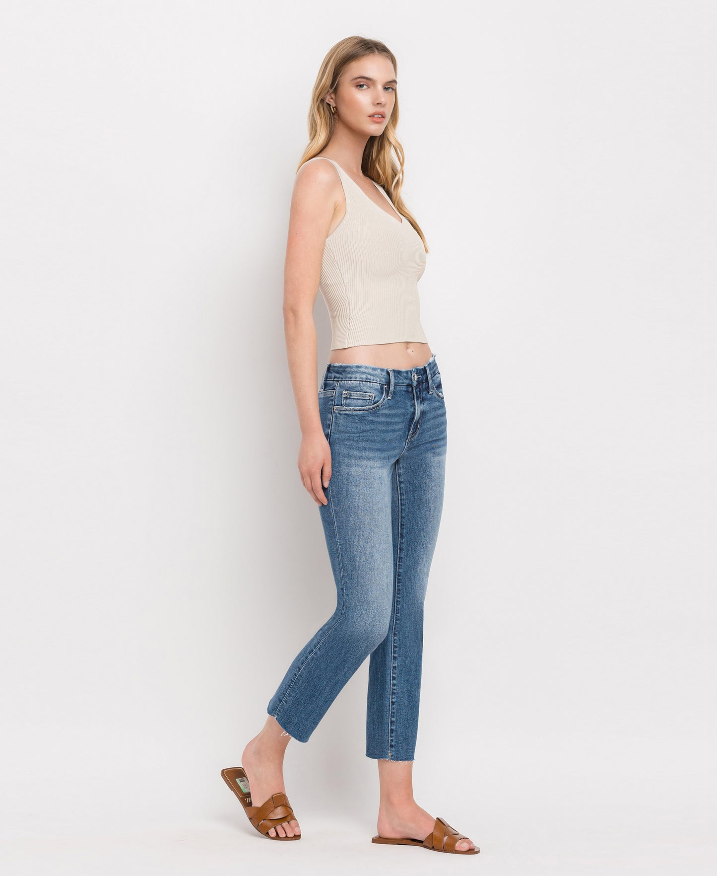Right 45 degrees product image of Midnight - Mid Rise Crop Slim Straight Jeans