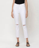 Optic White - High Rise Cropped Raw Hem  Slim Straight Jeans