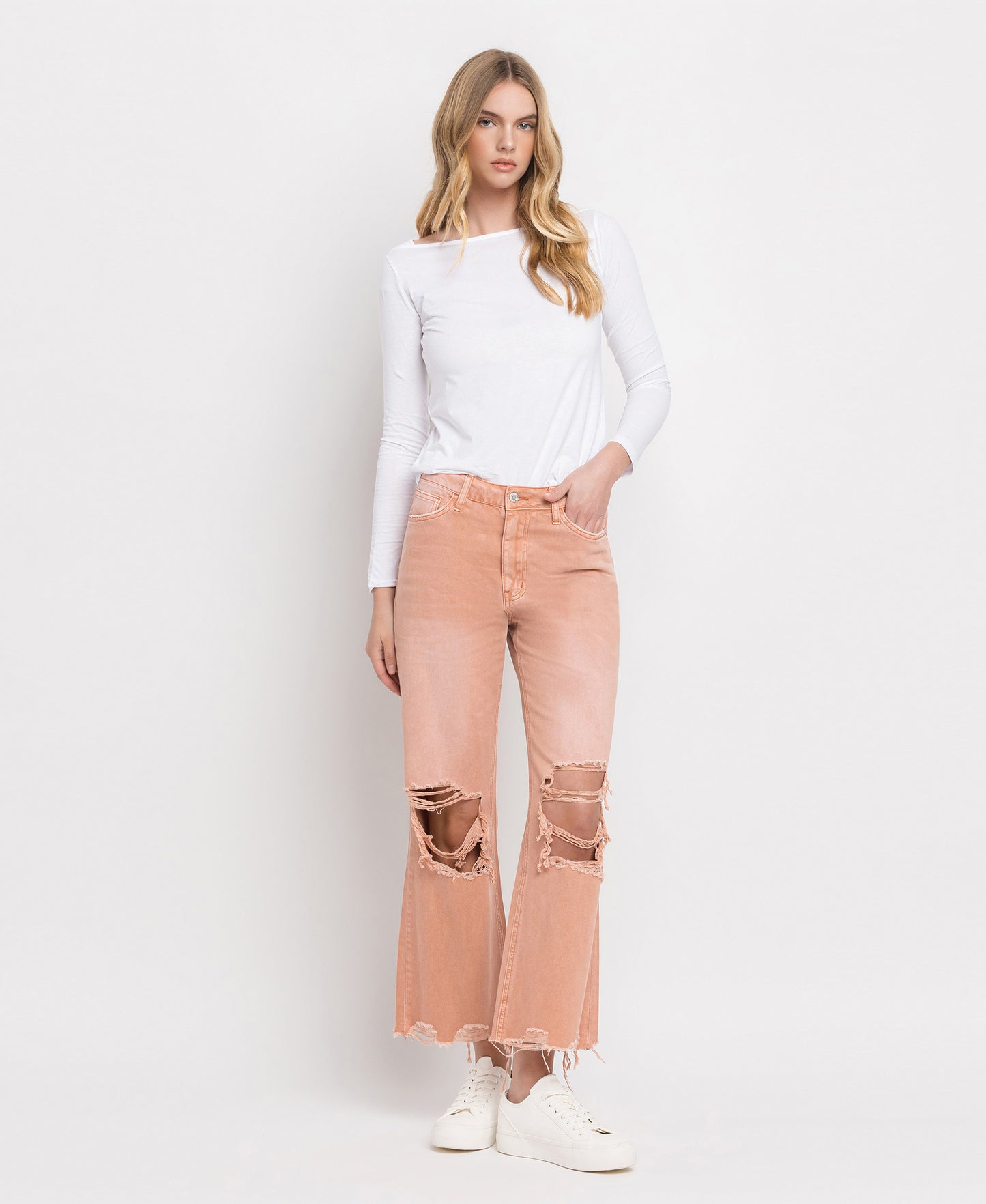 Front product images of Brandied Melon - Super High Rise 90s Vintage Crop Flare Jeans