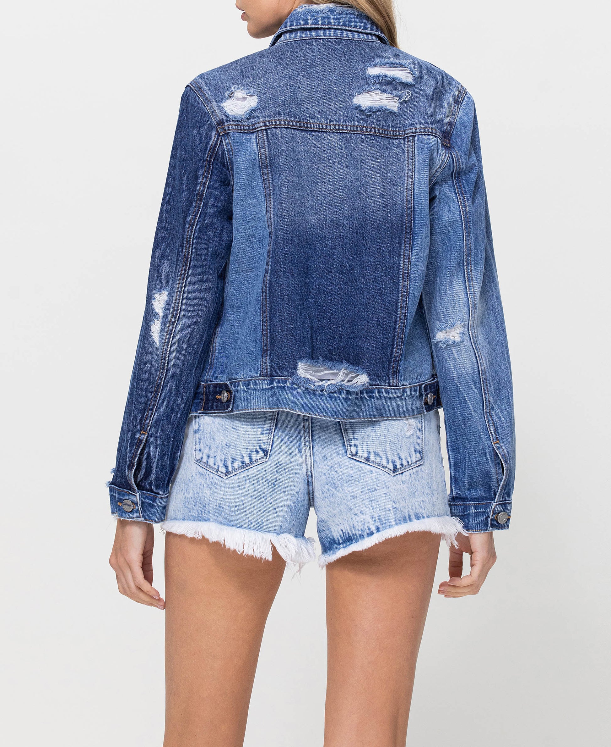 Back product images of Fortunate - Distressed Classic Fit Crop Jacket W Contrast Fabric