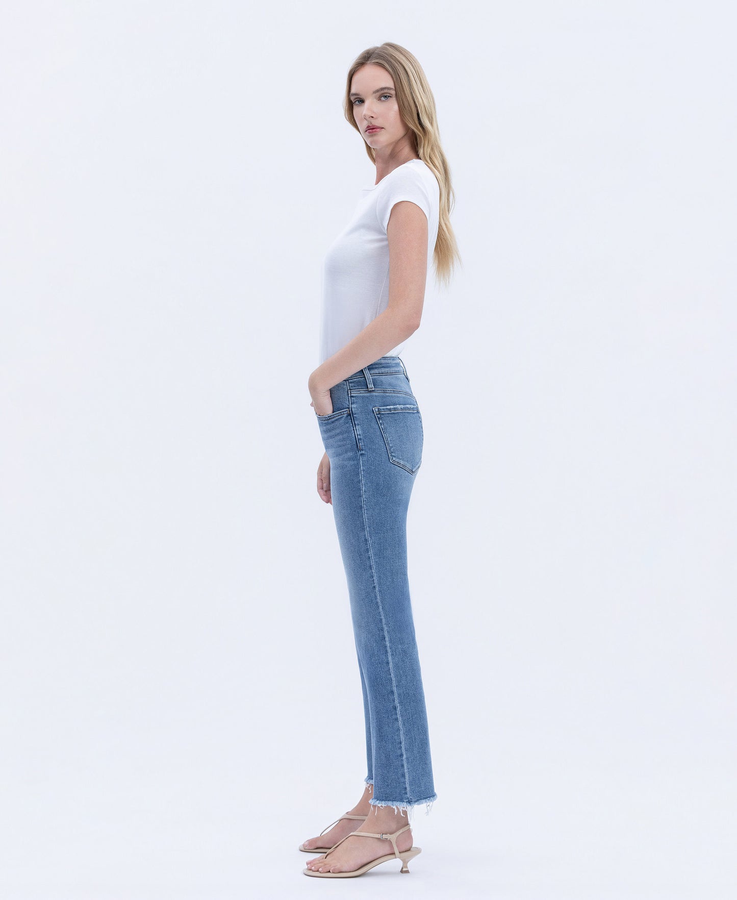 Left side product images of Five Steps to Heaven - Mid Rise Raw Hem Crop Straight Jeans