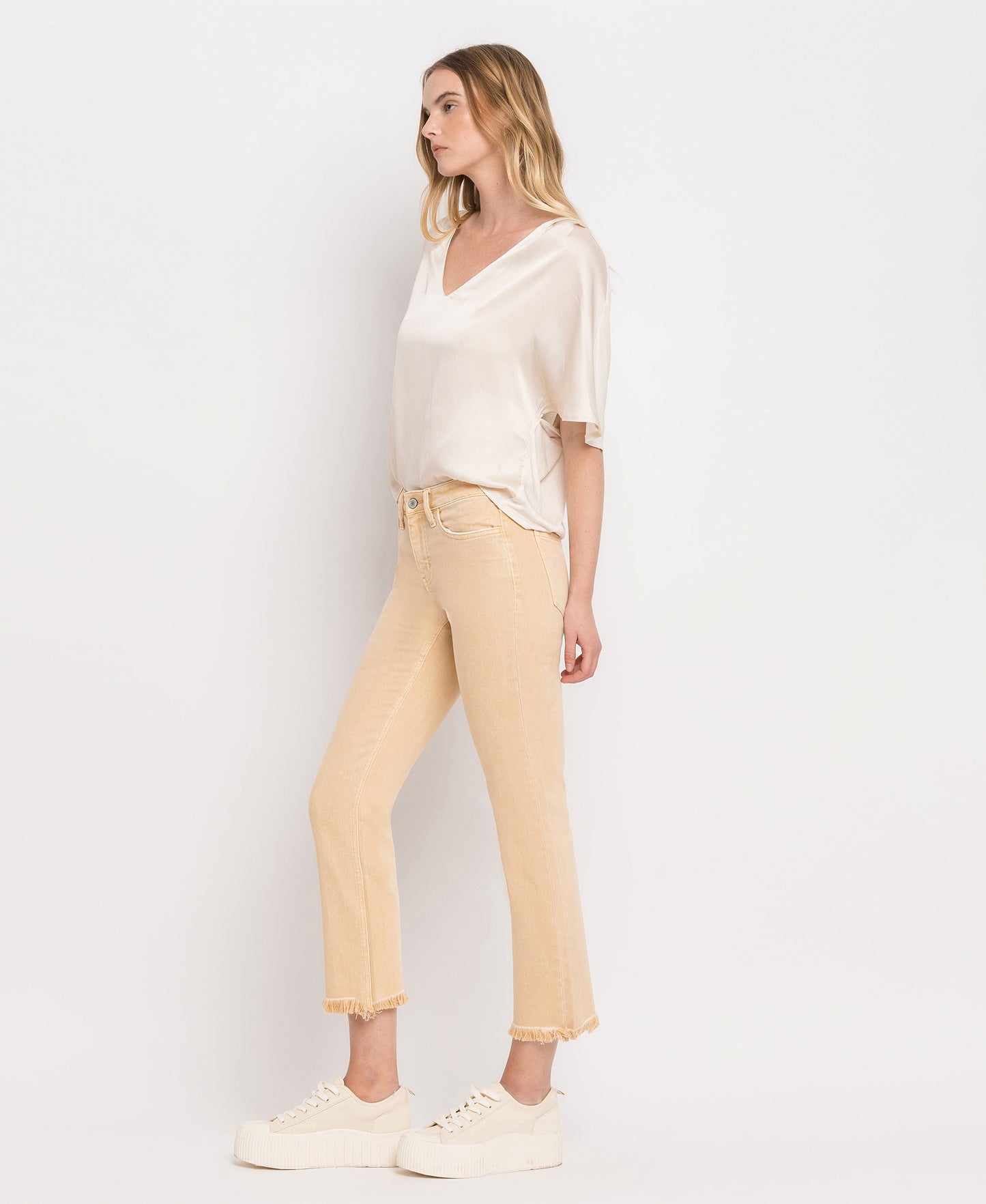 Right 45 degrees product image of Sun Beige - Mid Rise Straight Jeans