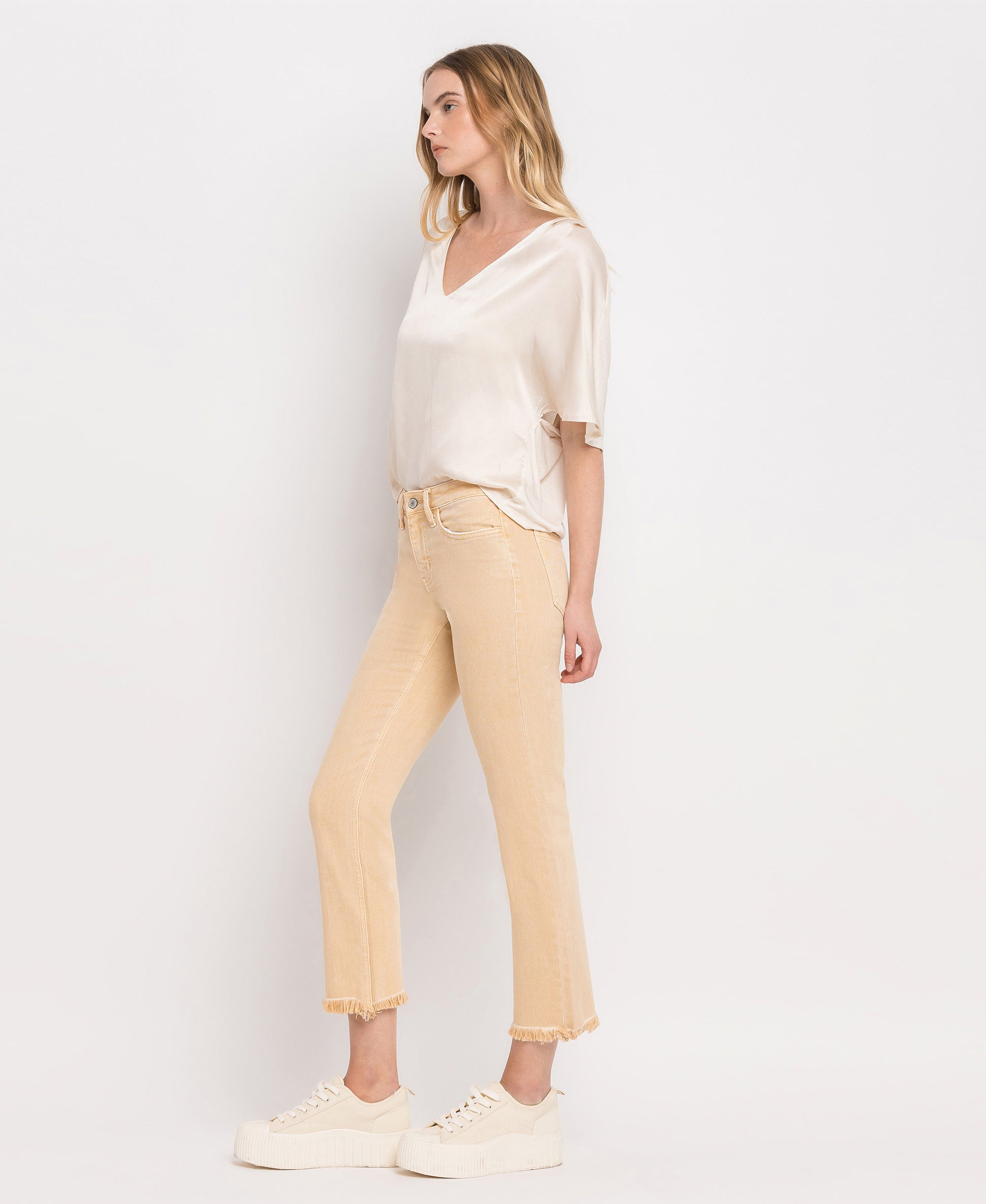 Right 45 degrees product image of Sun Beige - Mid Rise Straight Jeans