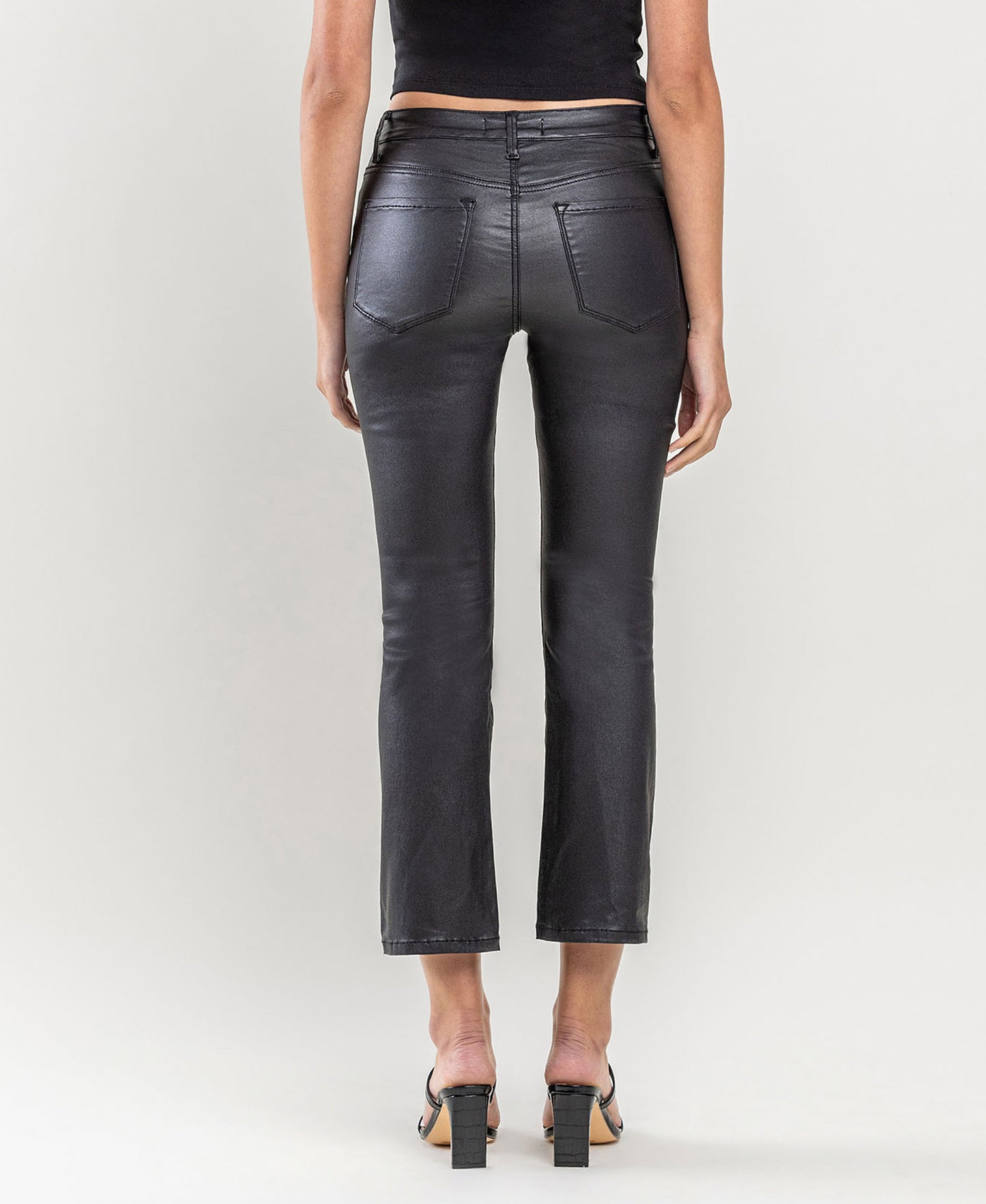 Back product images of Jet Black - High Rise Coated Crop Flare Jeans