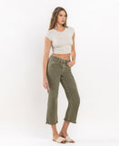 Right 45 degrees product image of Deep Lichen Green - High Rise Raw Cropped Straight Jeans