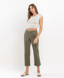 Left 45 degrees product image of Deep Lichen Green - High Rise Raw Cropped Straight Jeans