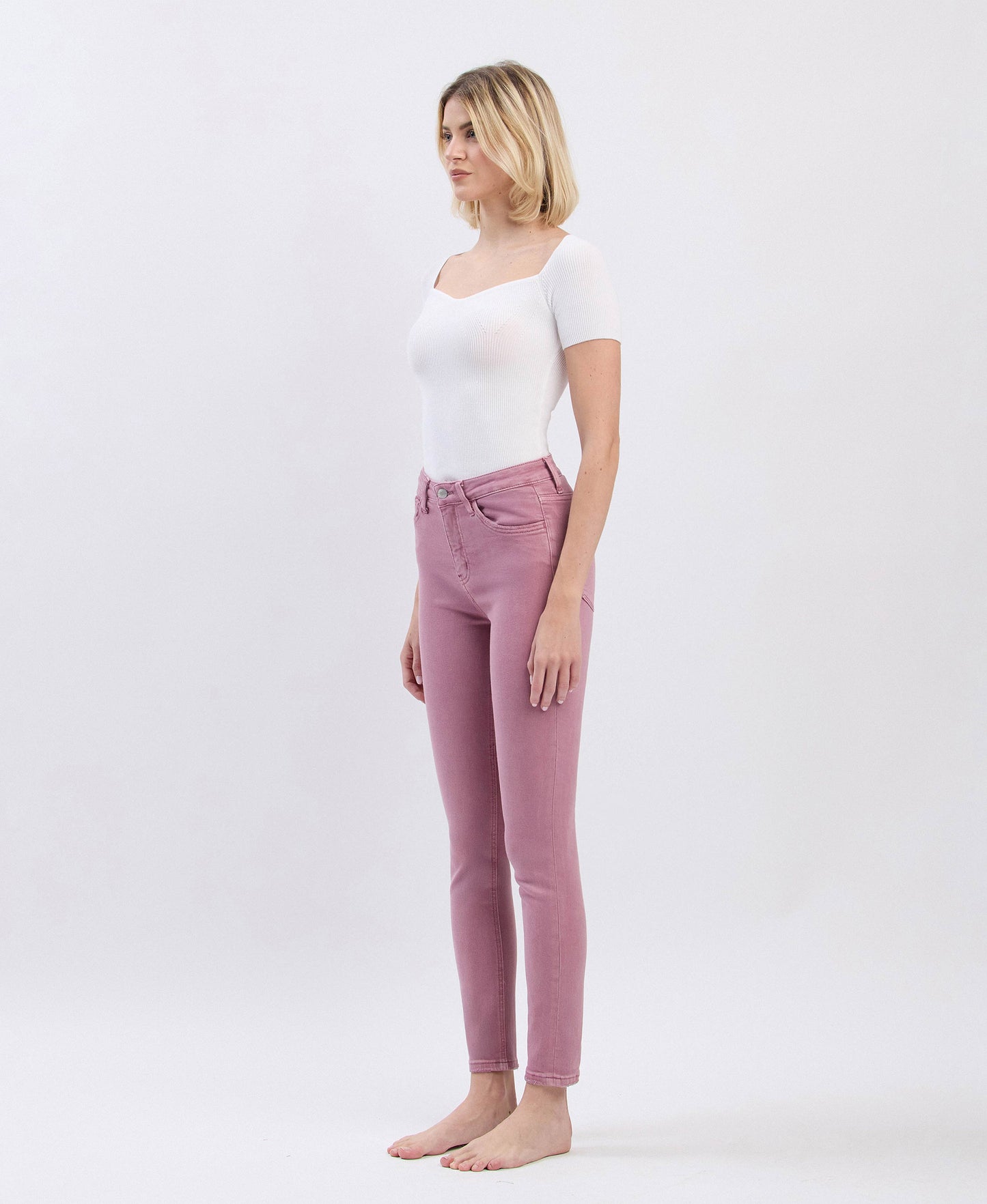 Left side product images of Wistful Mauve - High Rise Ankle Skinny Jeans