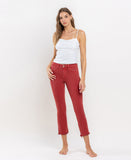 Pompeian Red - Mid Rise Frayed Hem Crop Slim Straight Jeans