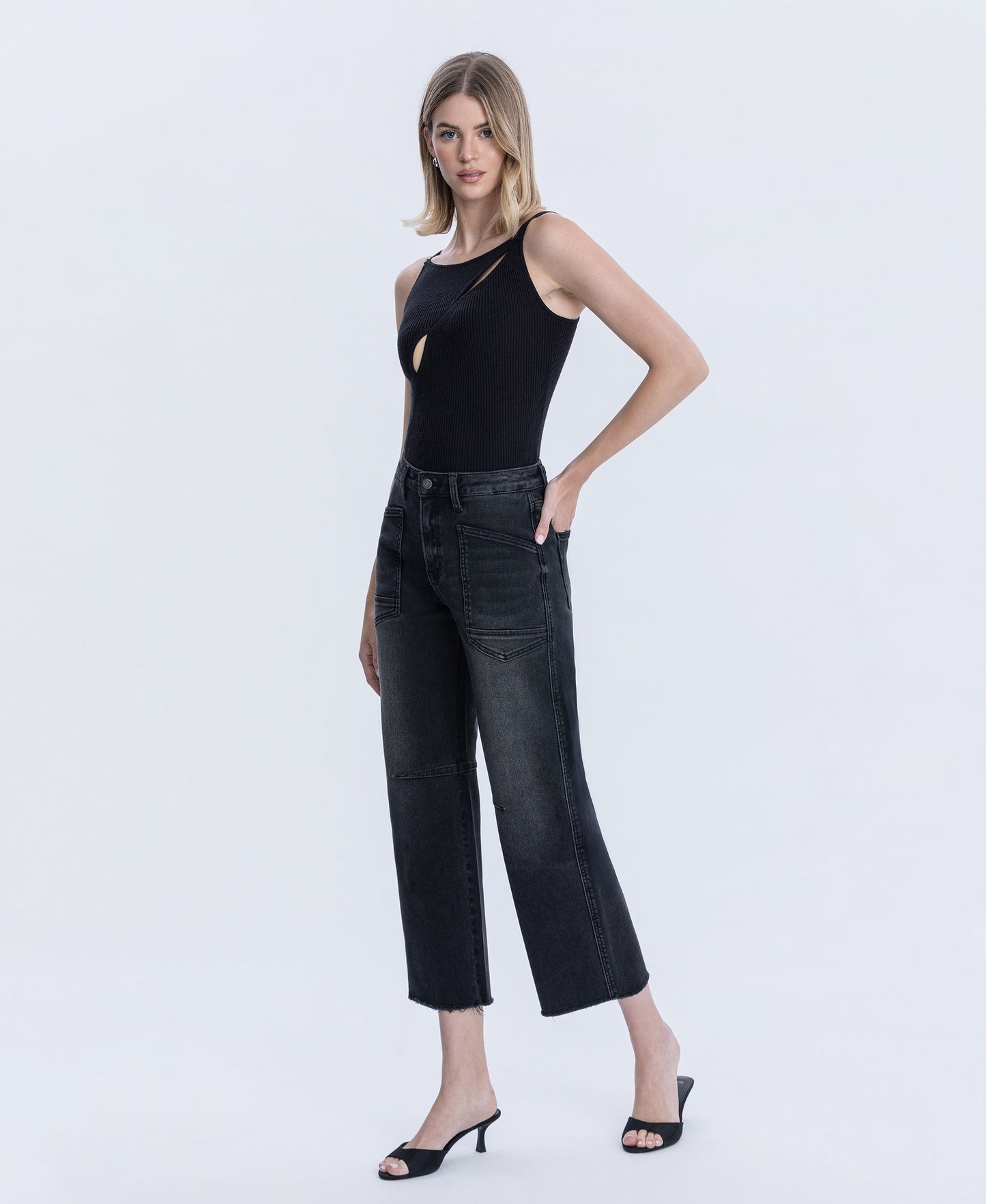 Left 45 degrees product image of Black - Super High Rise Raw Hem Crop Barrel Jeans