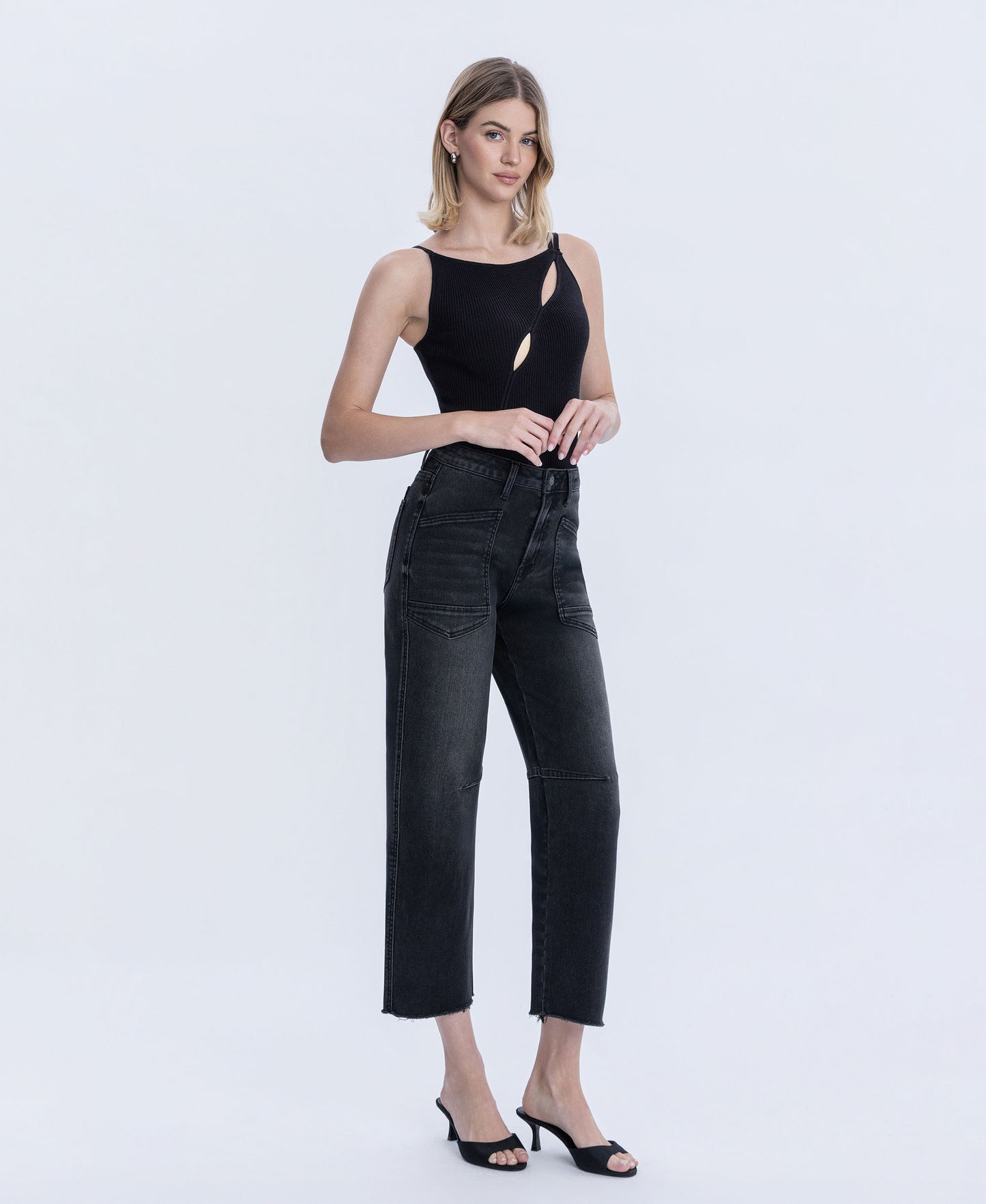 Right 45 degrees product image of Black - Super High Rise Raw Hem Crop Barrel Jeans