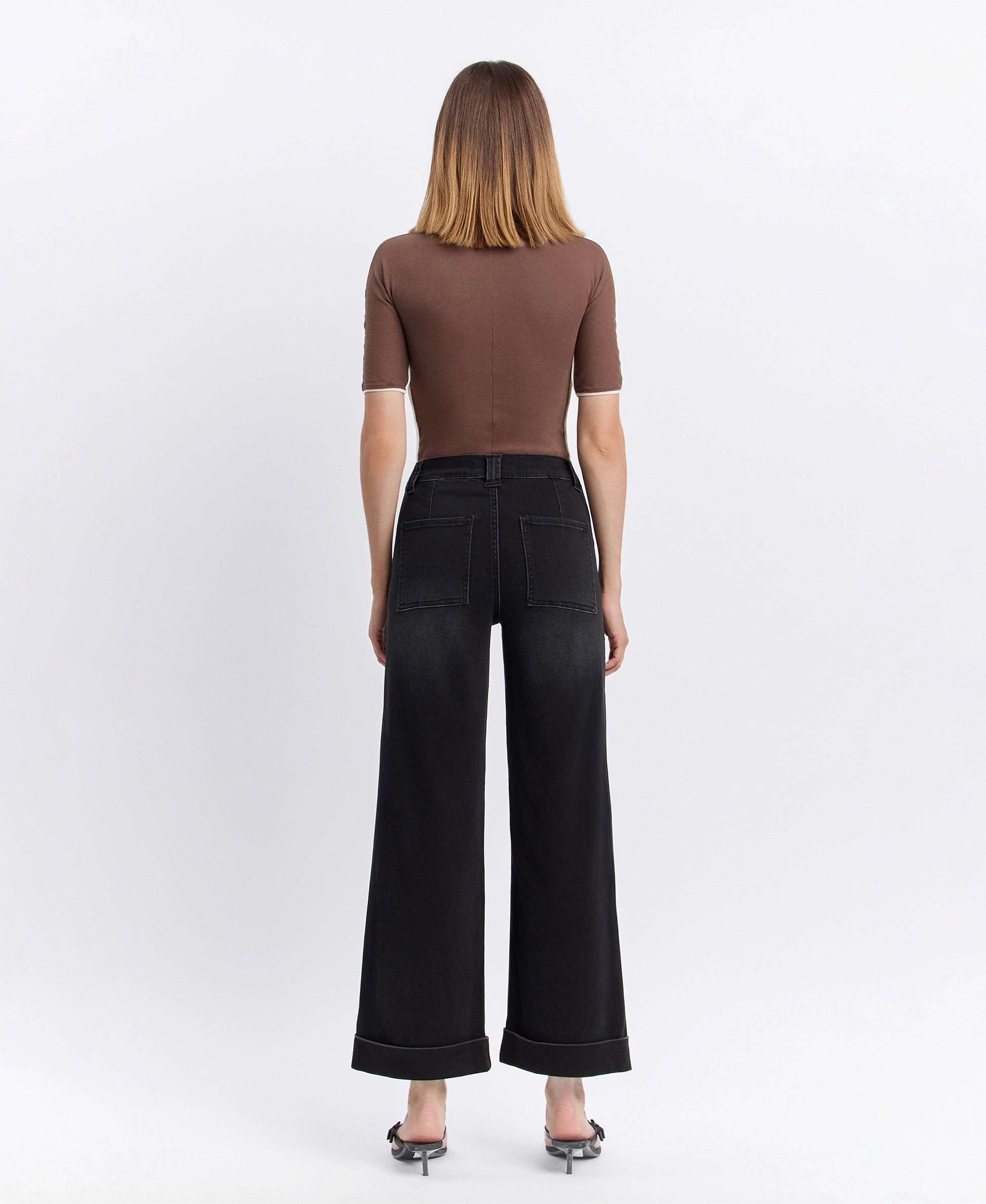 Back product images of Black - High Rise Cuffed Baggy Wide Leg Jeans