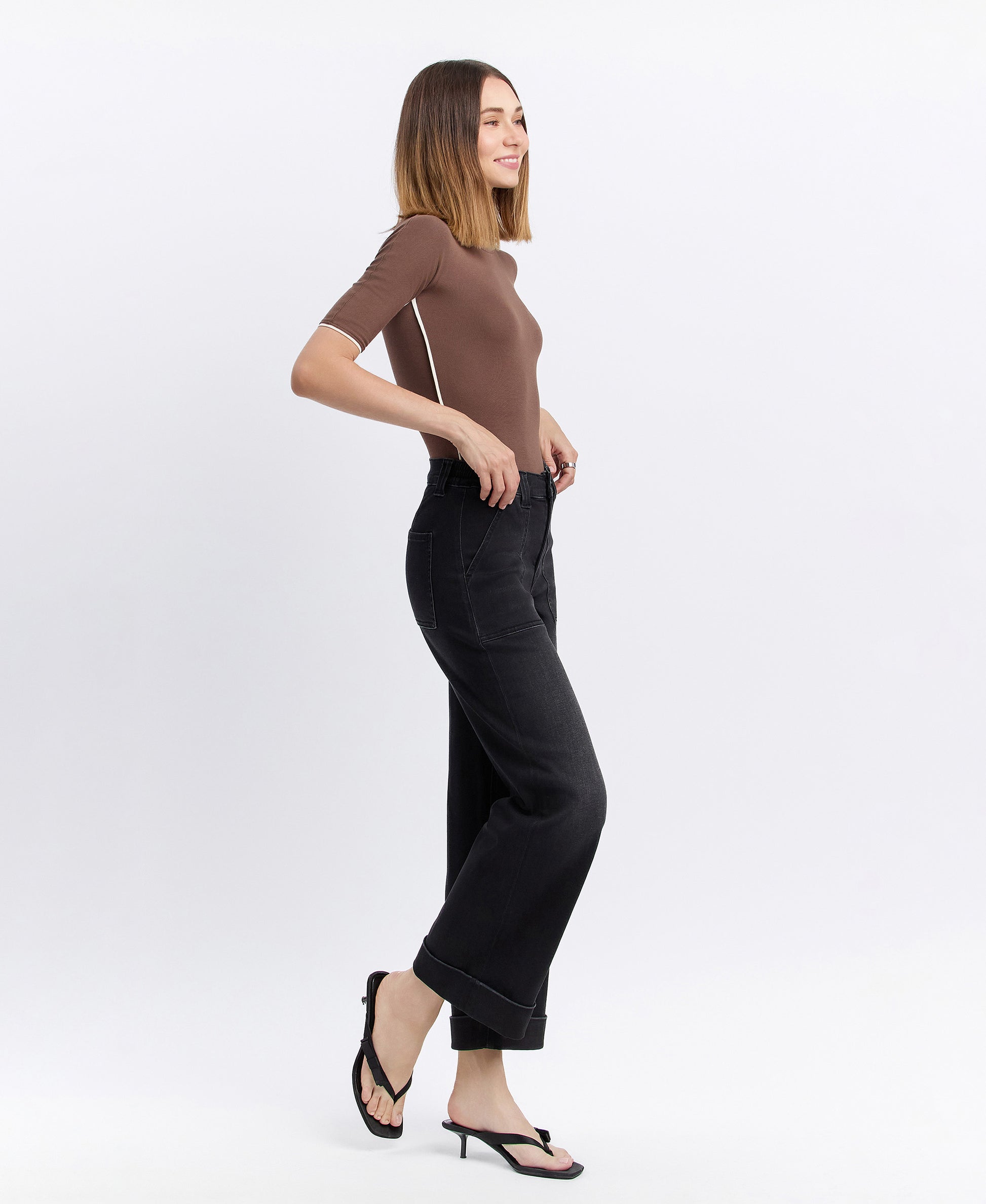 Right 45 degrees product image of Black - High Rise Cuffed Baggy Wide Leg Jeans