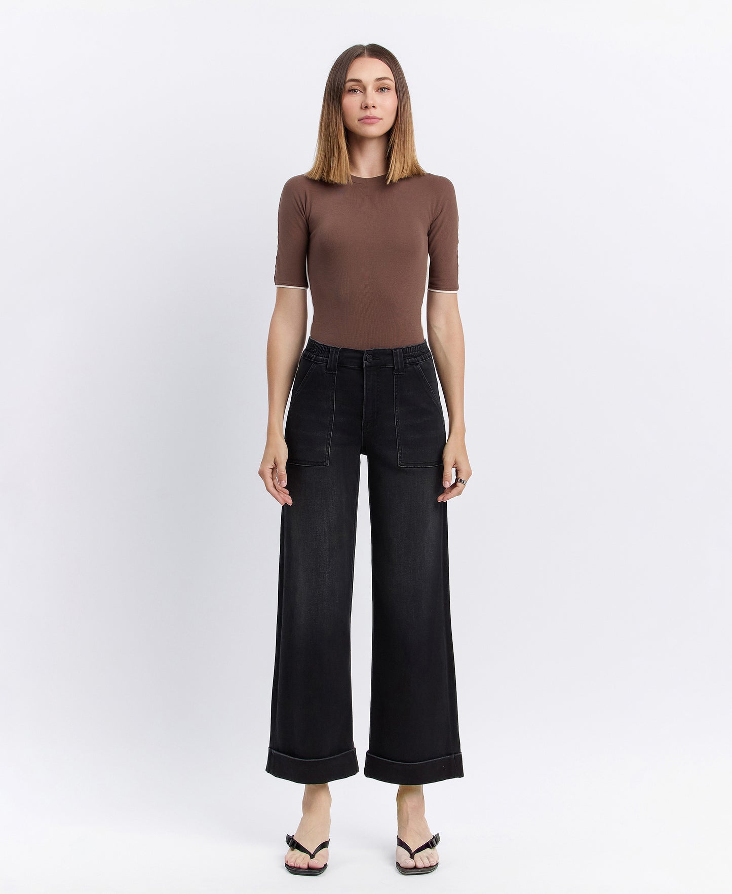 Front product images of Black - High Rise Cuffed Baggy Wide Leg Jeans