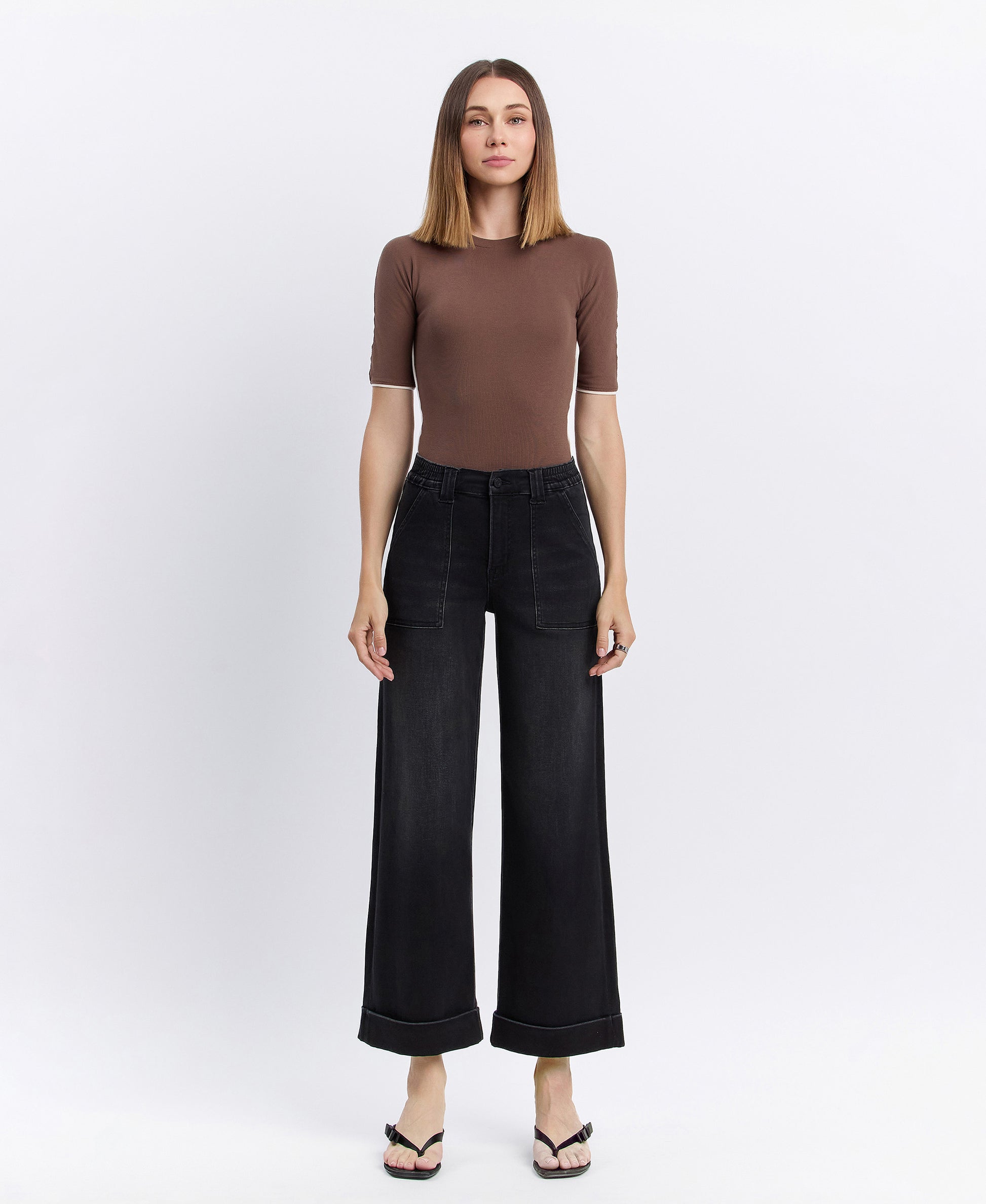 Front product images of Black - High Rise Cuffed Baggy Wide Leg Jeans