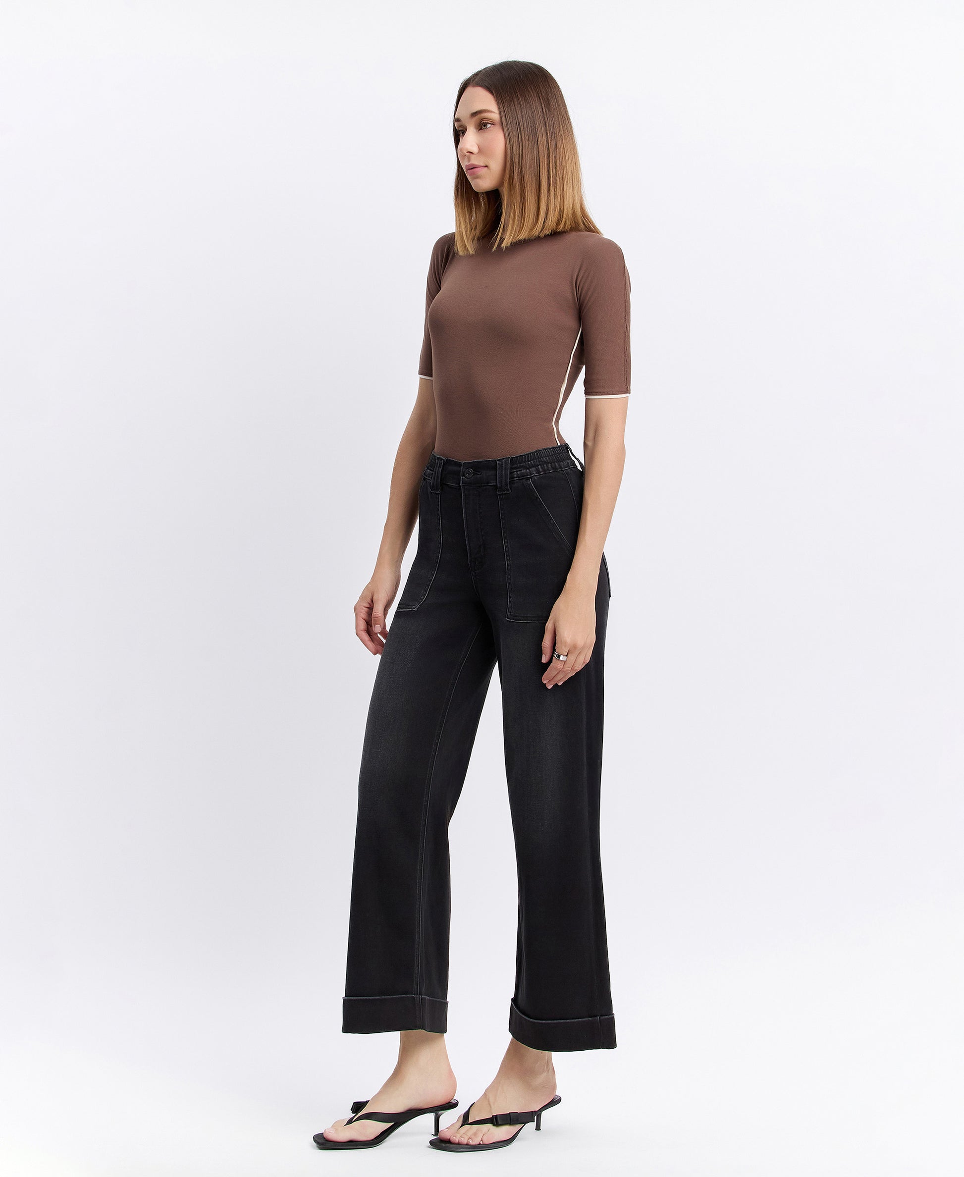 Left 45 degrees product image of Black - High Rise Cuffed Baggy Wide Leg Jeans
