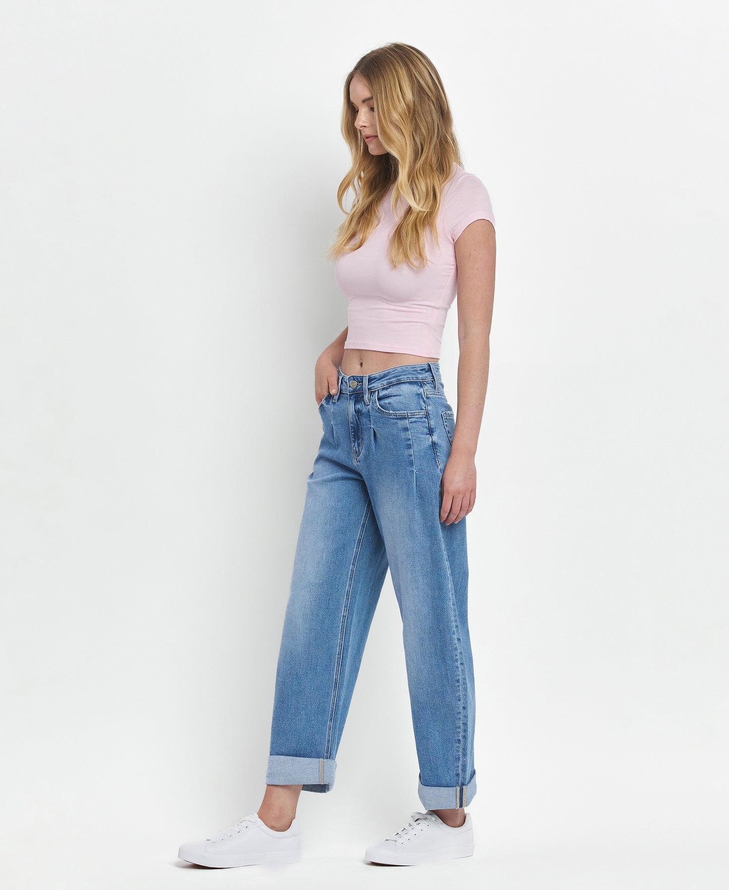 Left 45 degrees product image of Wind Snap - Super High Rise Cuffed Barrel Jeans
