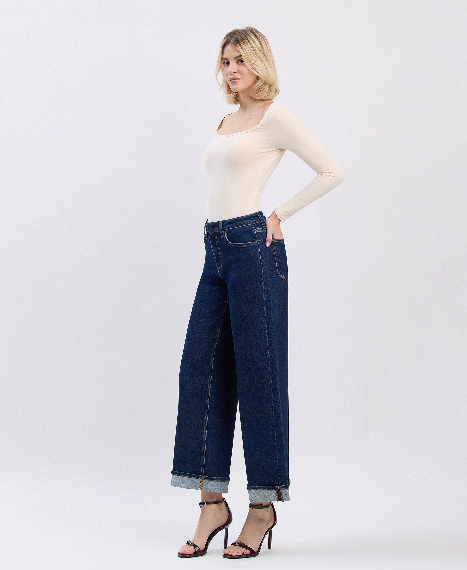 Left 45 degrees product image of Reward - High Rise Tab Cuffed Ankle Wide Leg Jeans