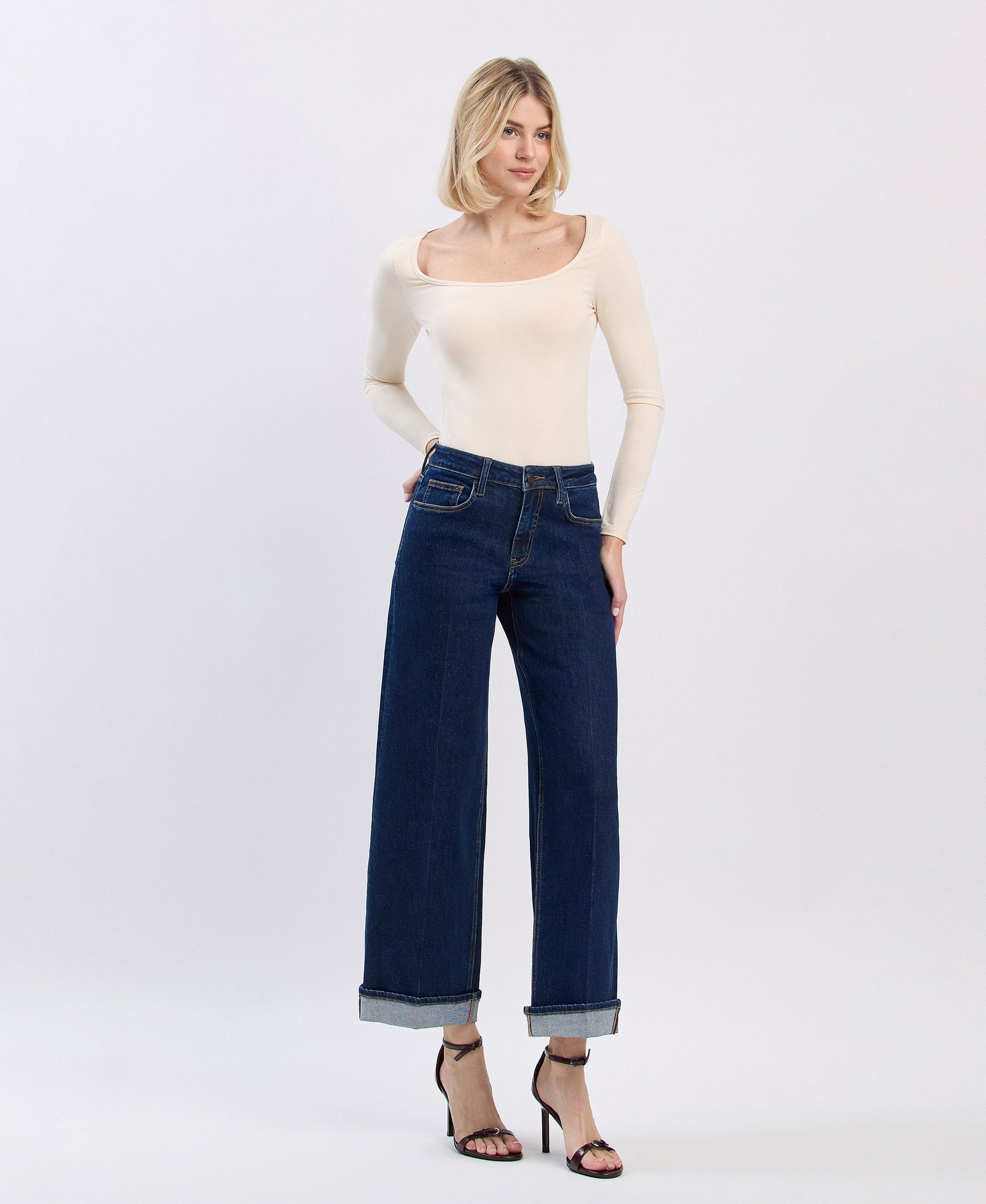 Right 45 degrees product image of Front product images of Reward - High Rise Tab Cuffed Ankle Wide Leg Jeans