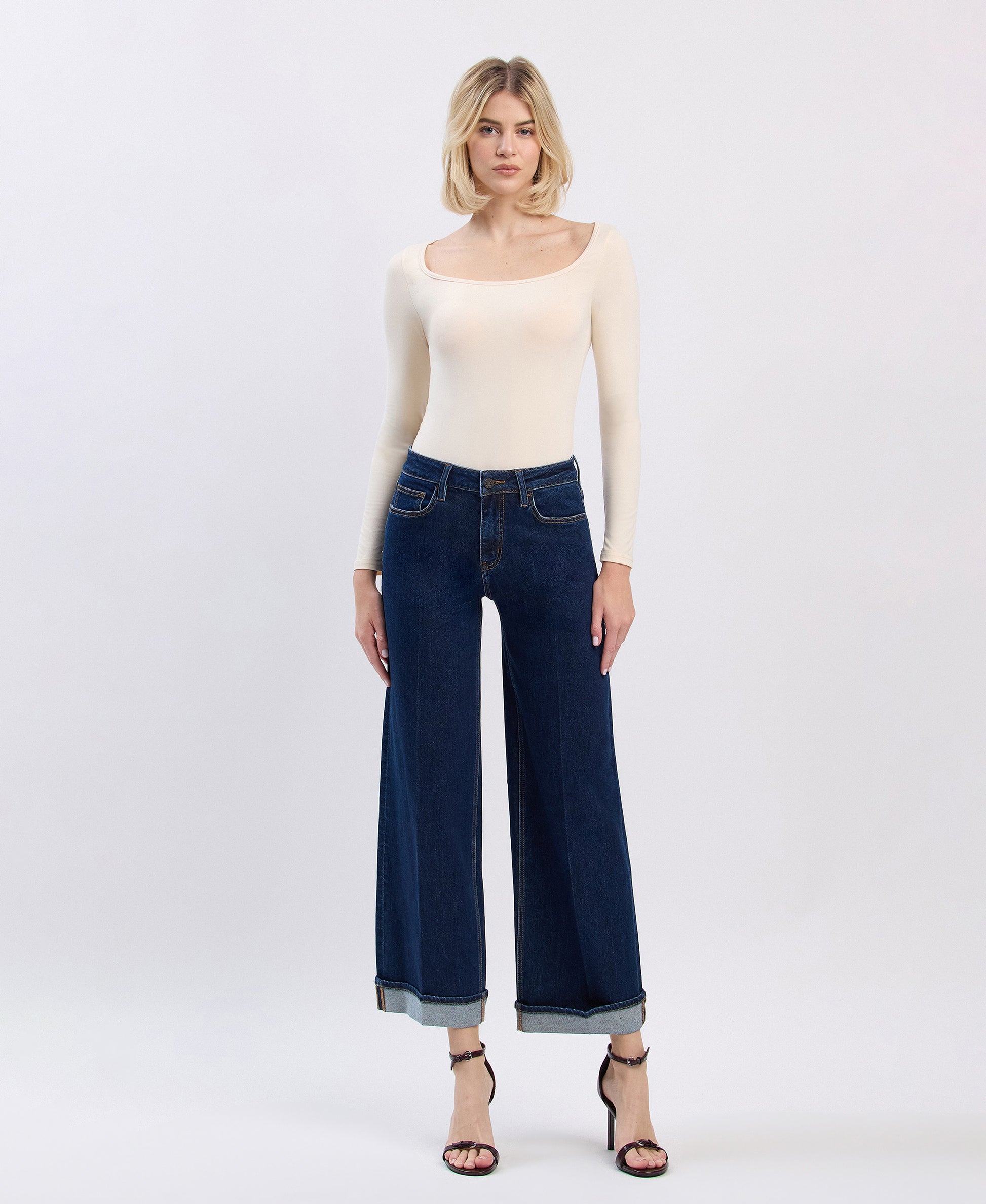 Front product images of Reward - High Rise Tab Cuffed Ankle Wide Leg Jeans