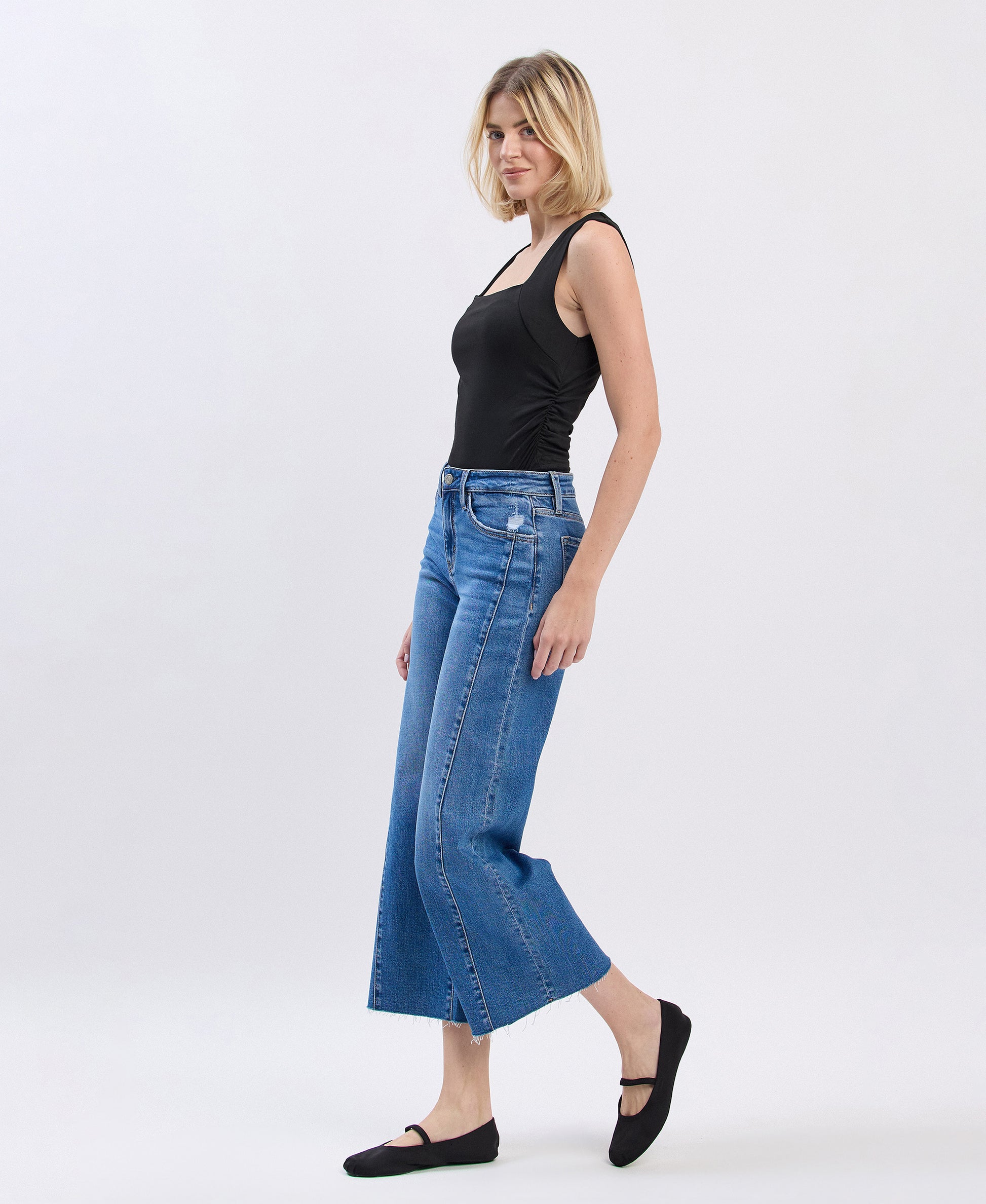 Left 45 degrees product image of Punctual - High Rise Raw Hem Twist Wide Leg Jeans