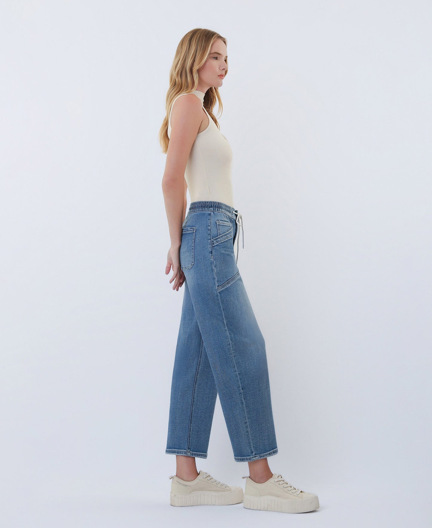 Right side product images of Upstanding - High Rise Elastic Waistband Wide Barrel Jeans