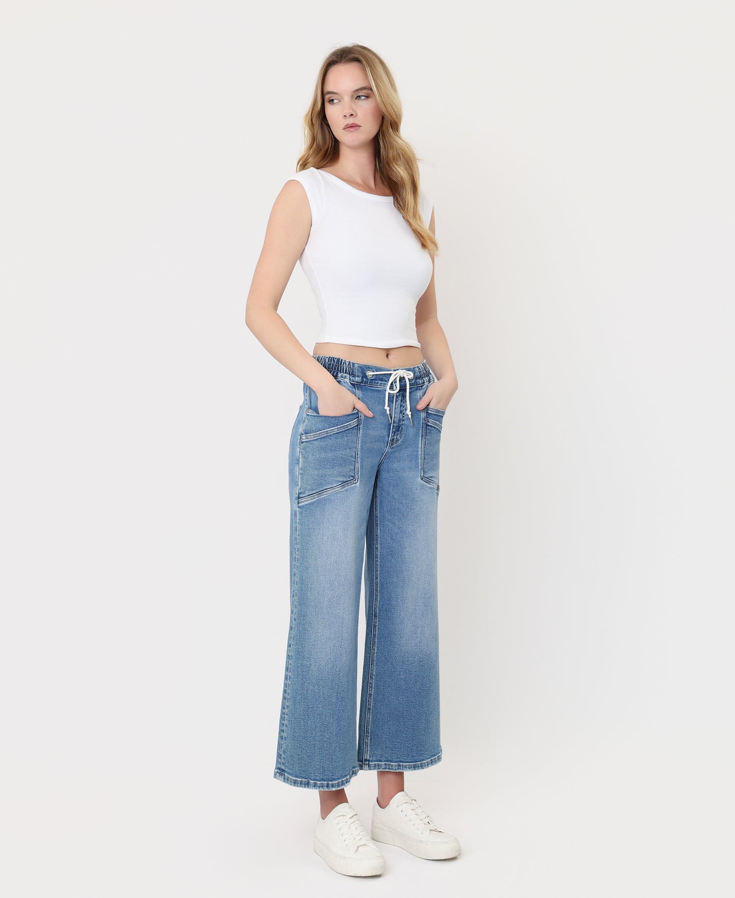 Right 45 degrees product image of Reassure - High Rise Drawstring Wide Leg Jeans