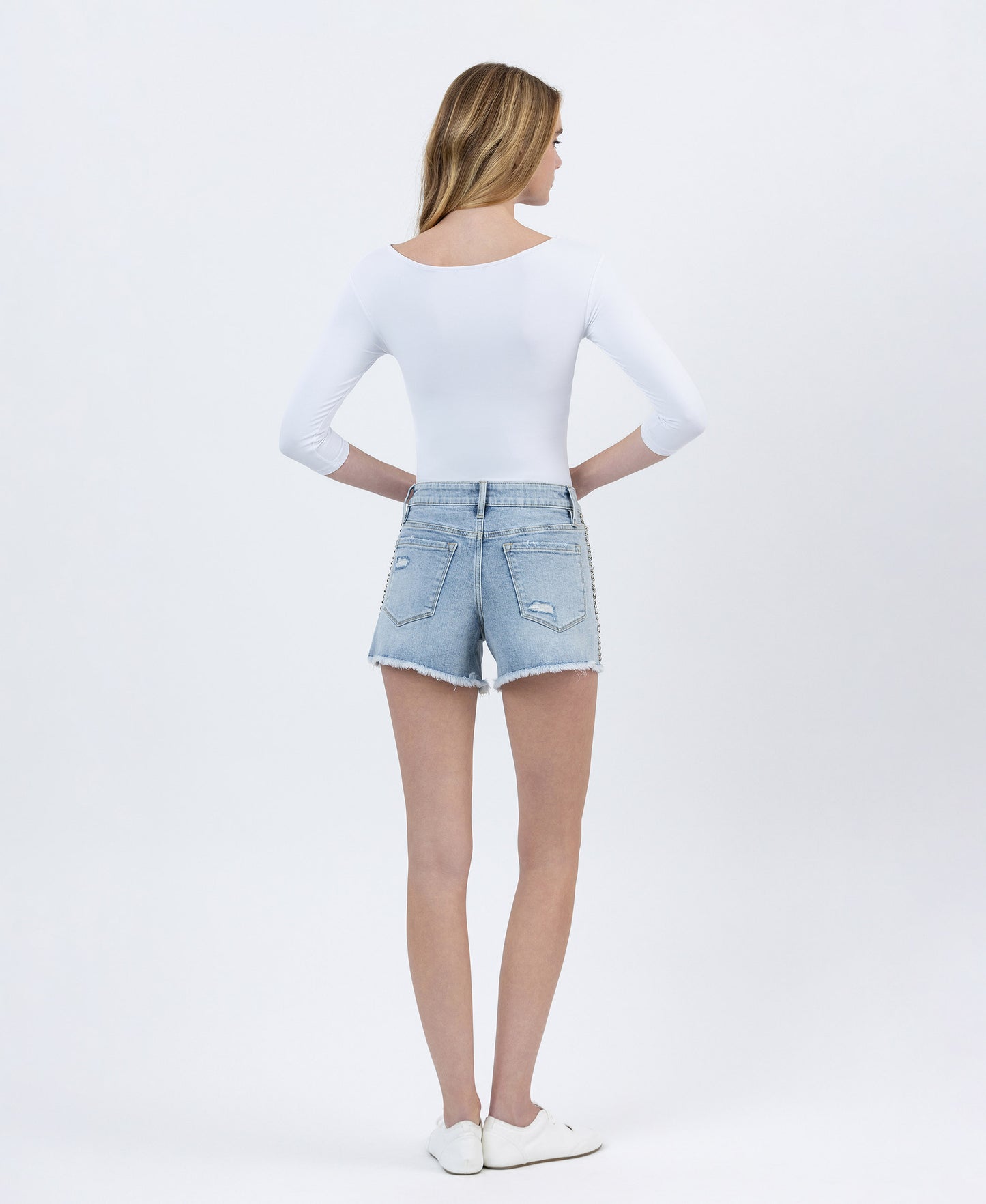 Back product images of Prowess - High Rise Distressed Studded Denim Shorts