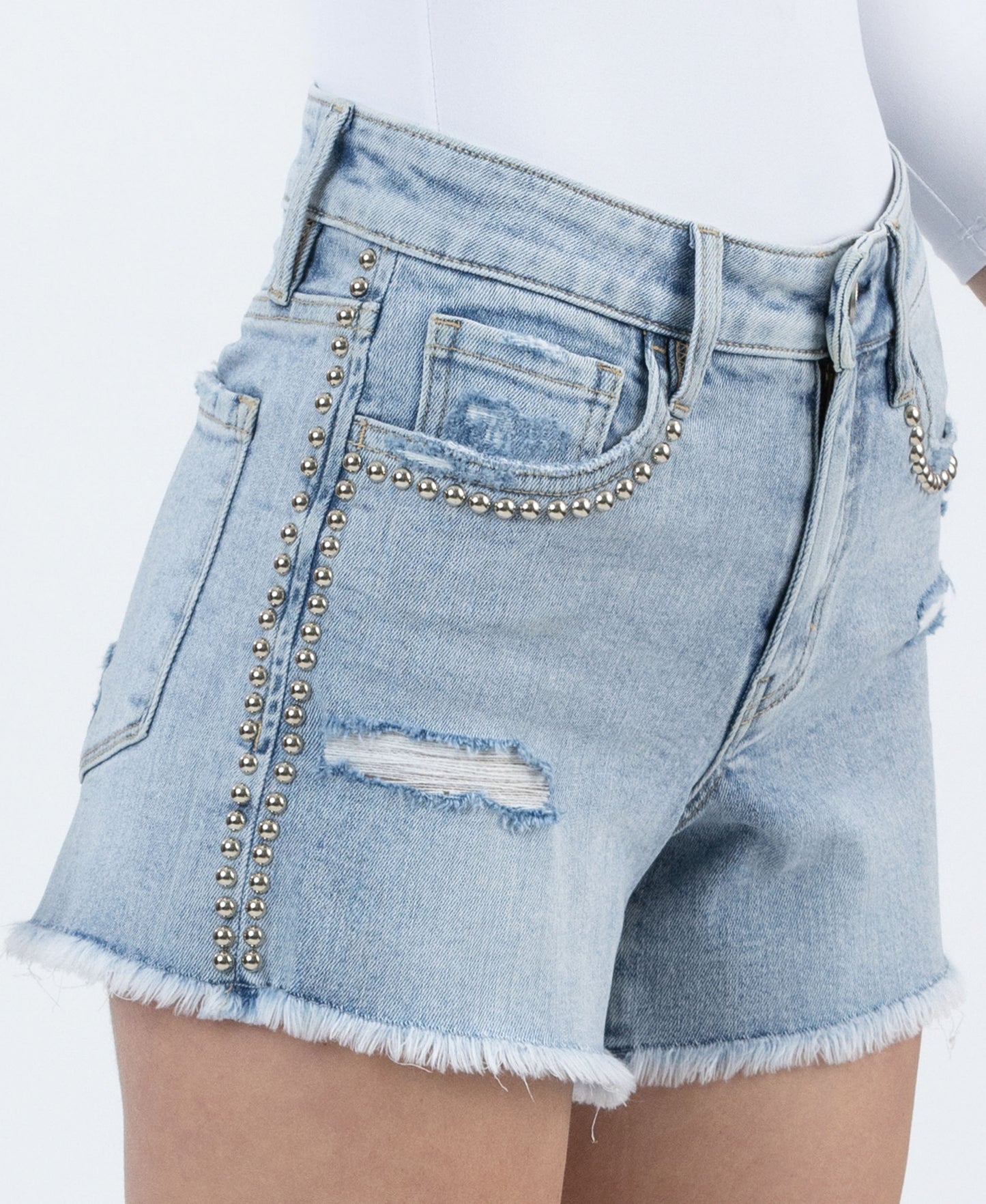 detail image of Prowess - High Rise Distressed Studded Denim Shorts
