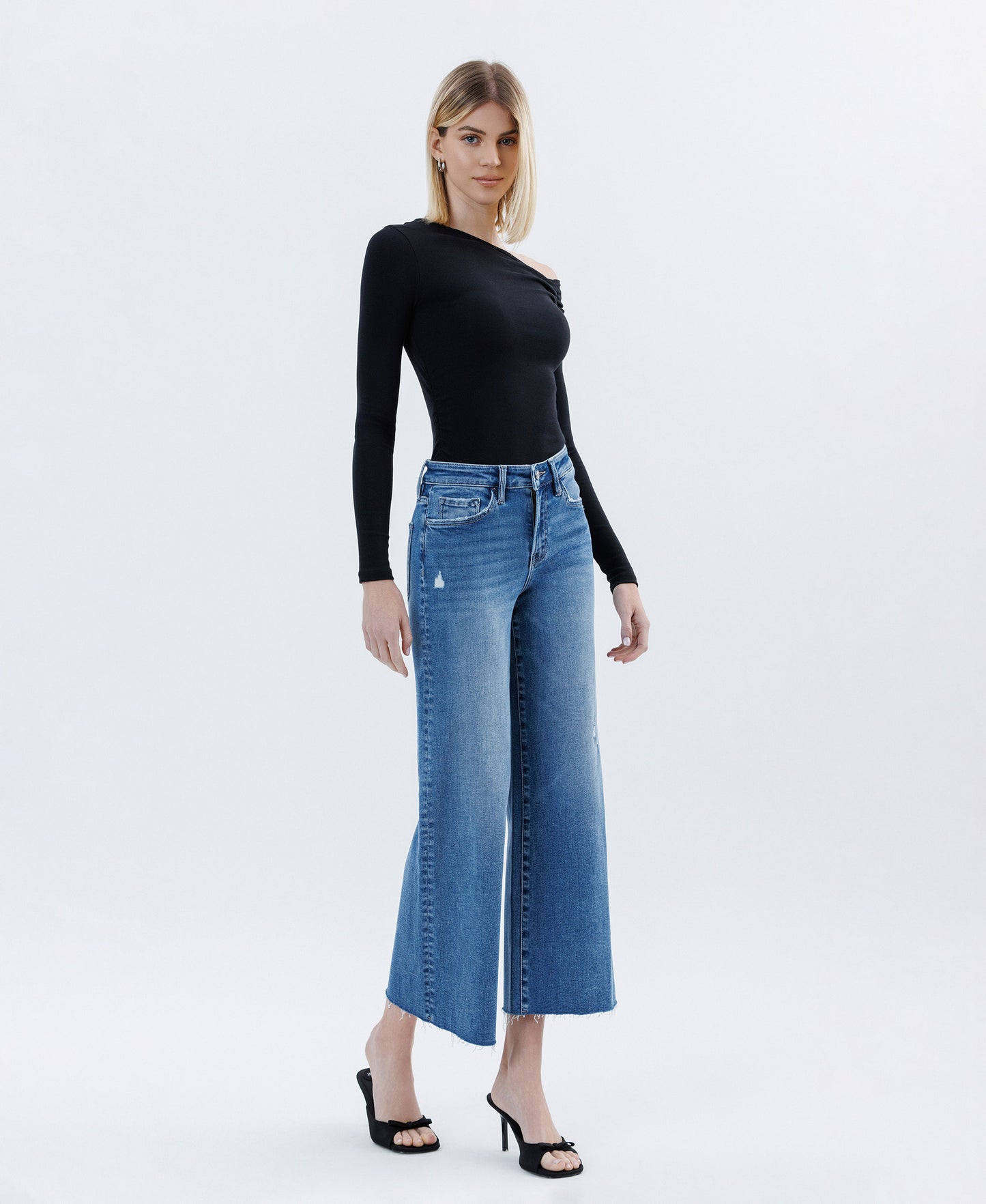 Right 45 degrees product image of Matchless - High Rise Raw Hem Ankle Wide Leg Jeans
