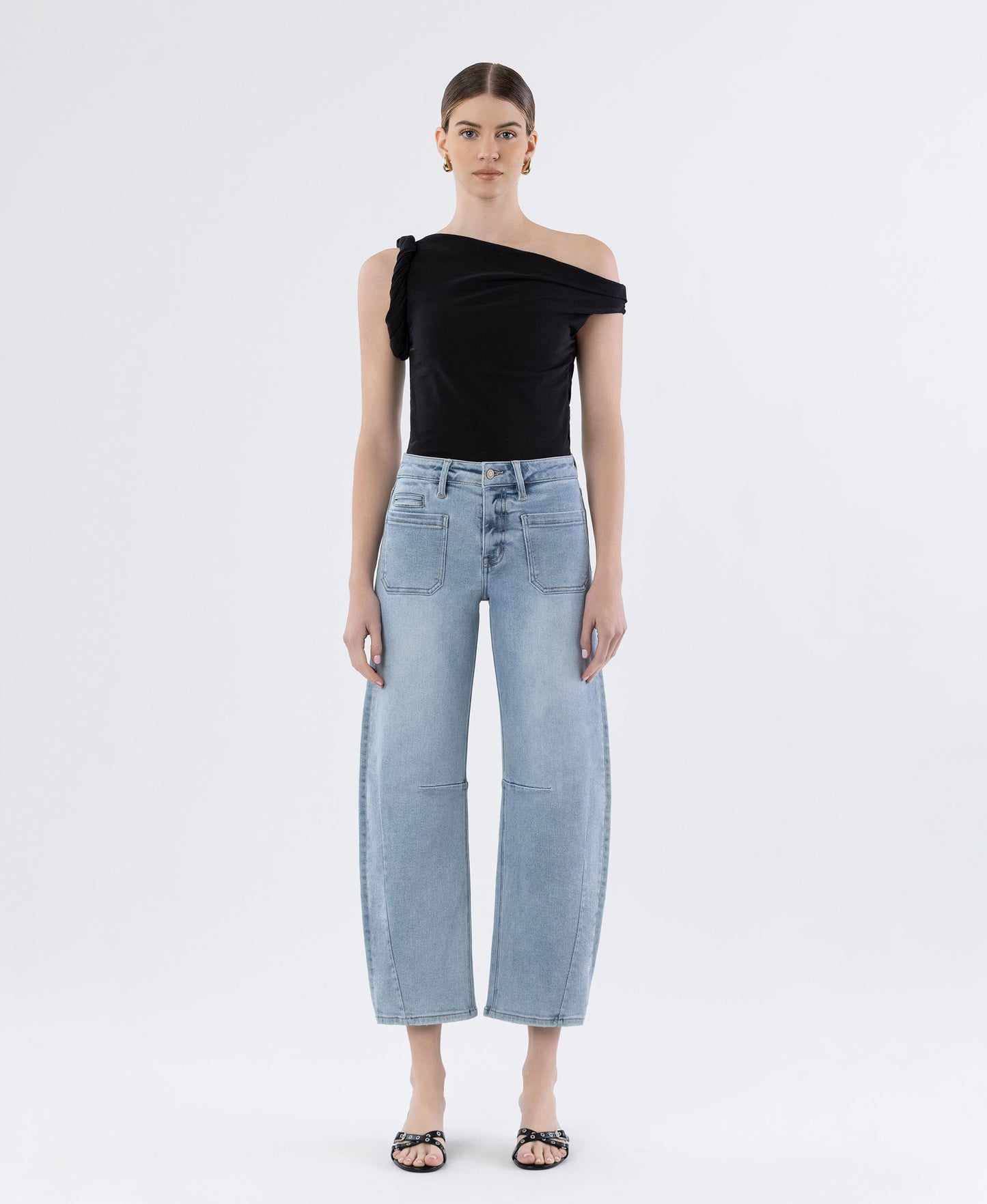 Right 45 degrees product image of Superb - High Rise Patch Pocket Wide Barrel Jeans