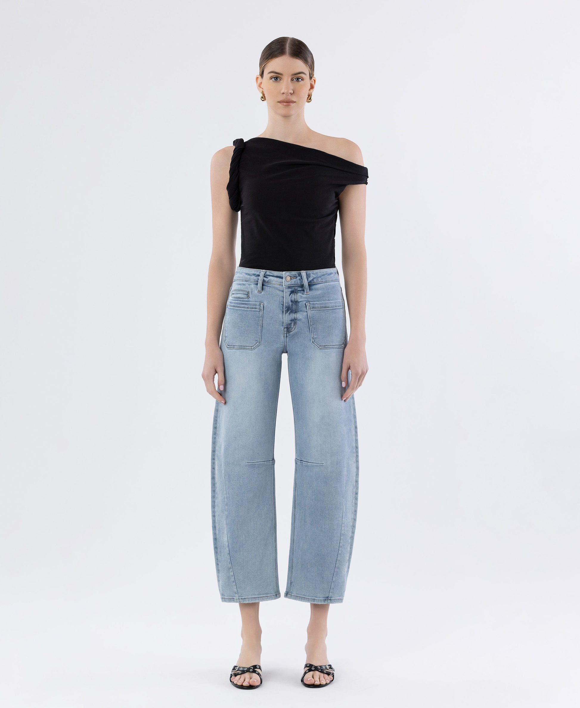 Right 45 degrees product image of Superb - High Rise Patch Pocket Wide Barrel Jeans