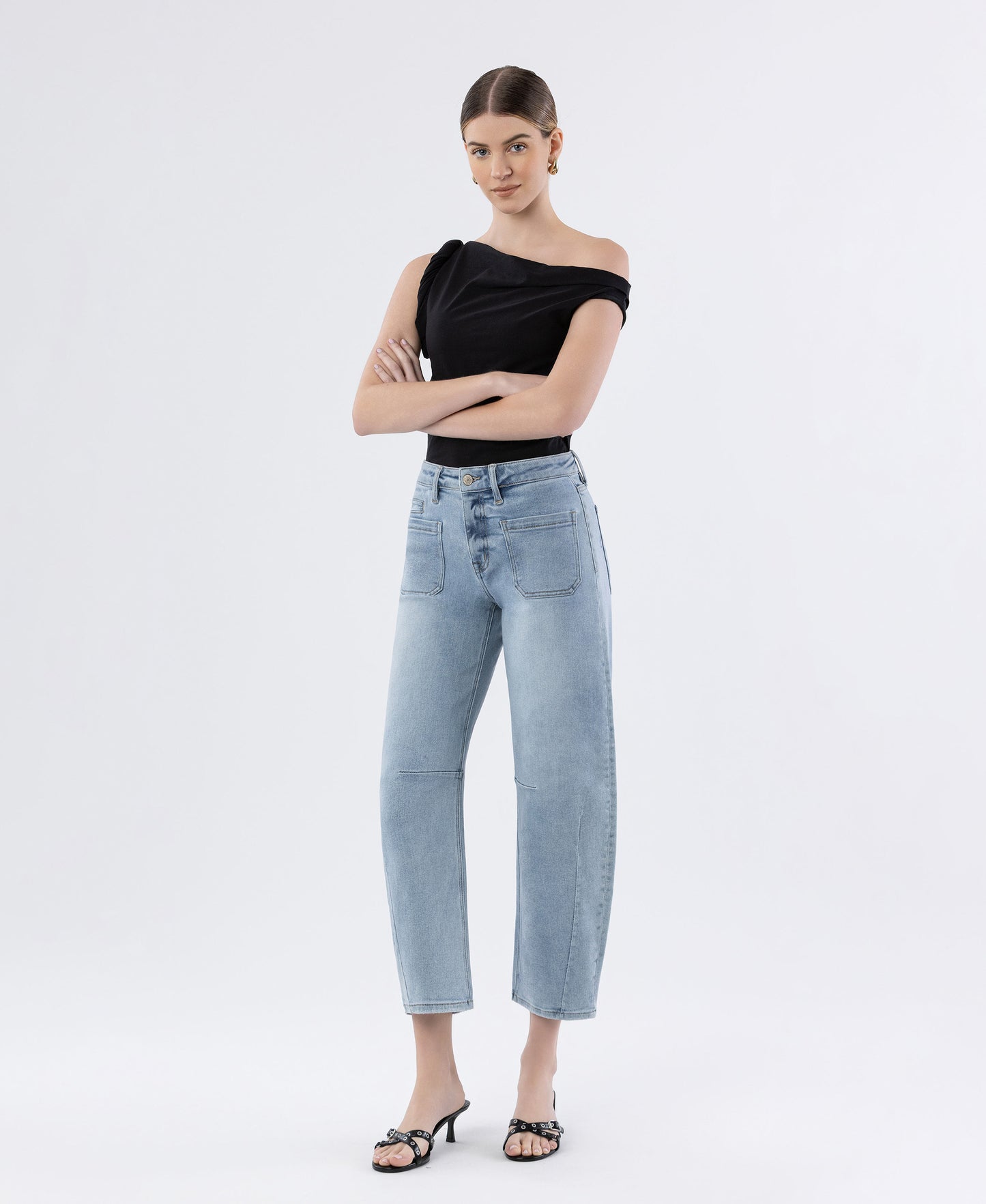Left 45 degrees product image of Superb - High Rise Patch Pocket Wide Barrel Jeans
