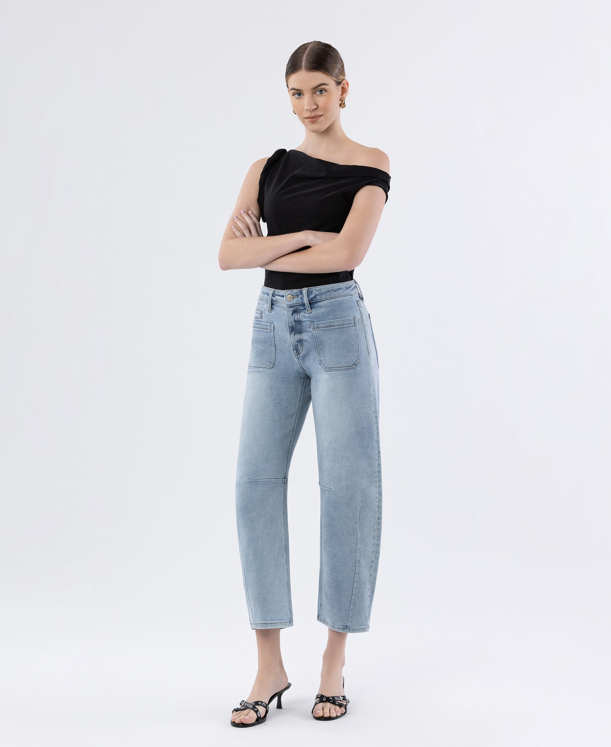 Left 45 degrees product image of Superb - High Rise Patch Pocket Wide Barrel Jeans