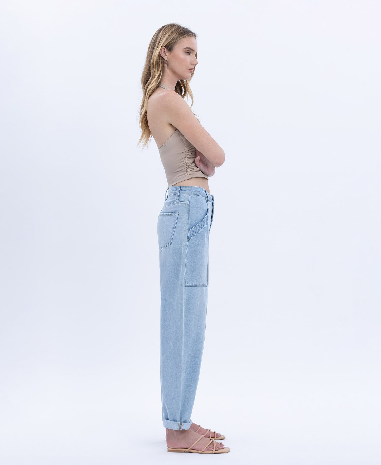 Right 45 degrees product image of Plur - Super High Rise Cuffed Ankle Barrel Jeans