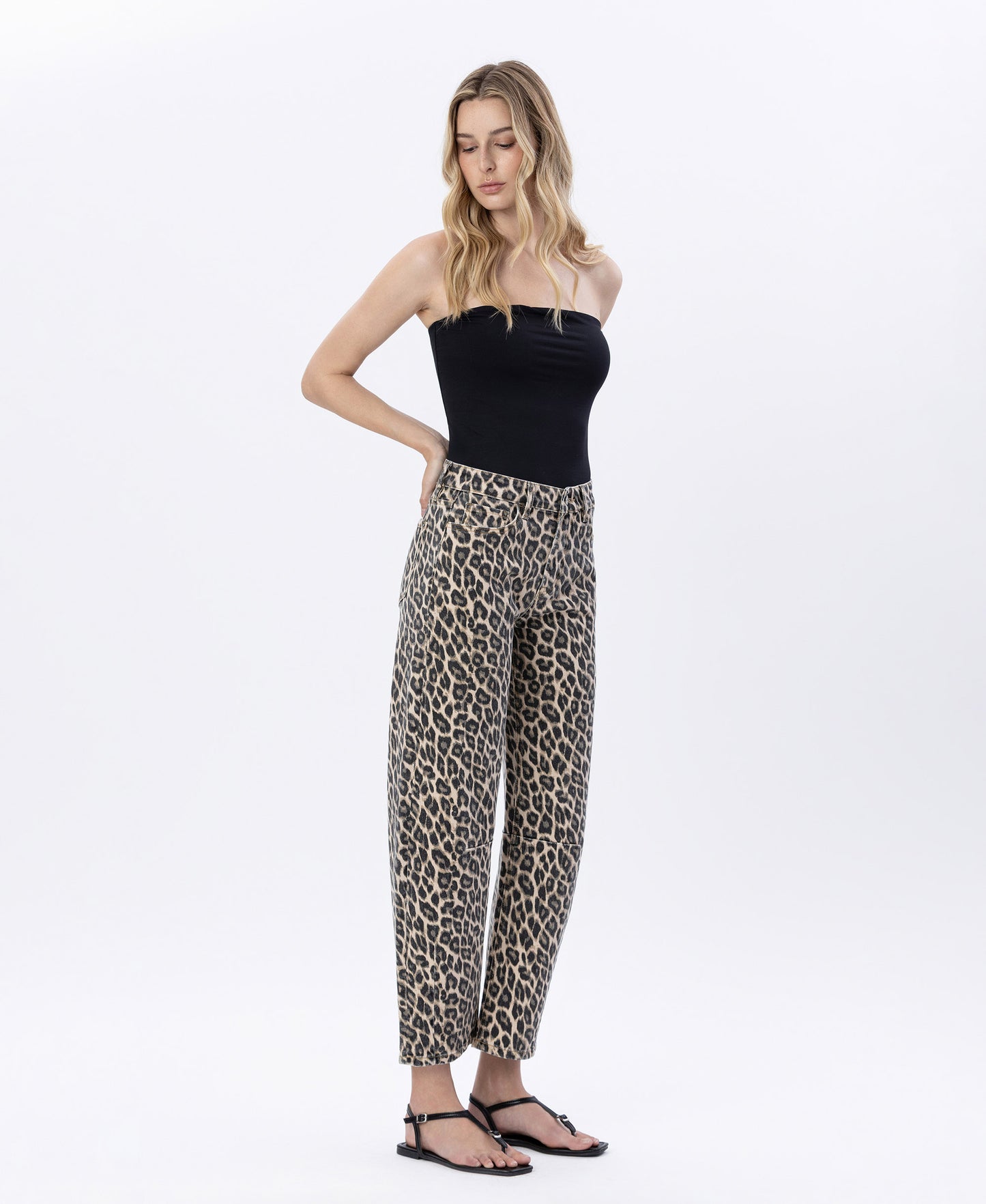 Right 45 degrees product image of Leopard - High Rise Leopard Print Barrel Jeans