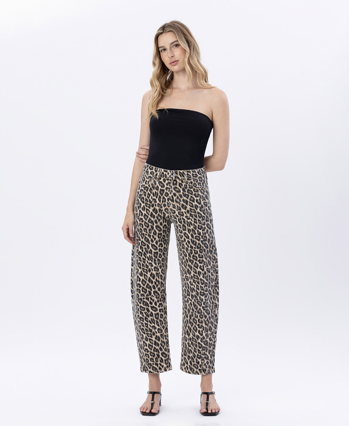 Front product images of Leopard - High Rise Leopard Print Barrel Jeans