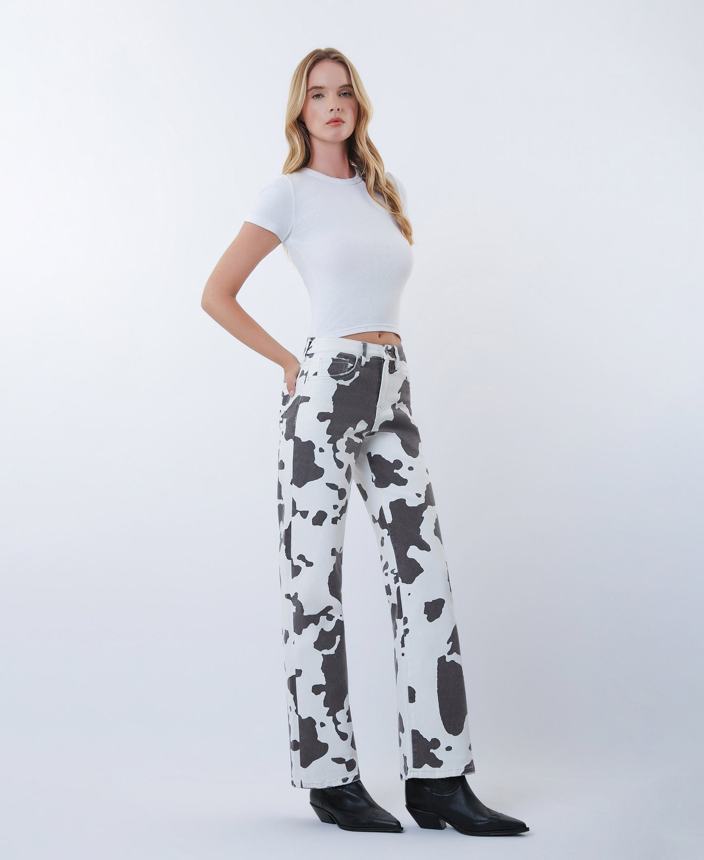 Right 45 degrees product image of Cow Print - High Rise Full Length Wide Leg Jeans