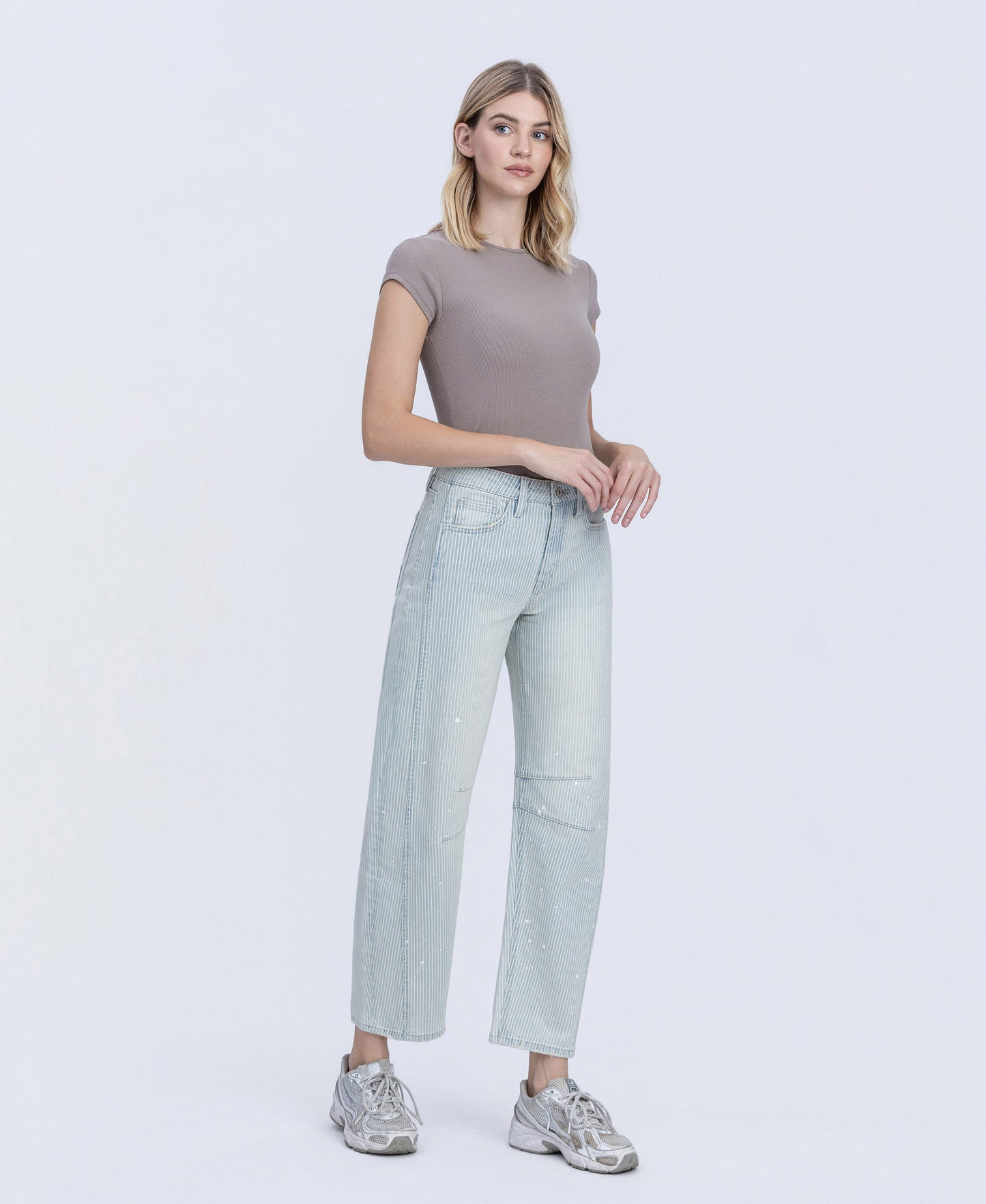 Right 45 degrees product image of Stripe - High Rise Paint Splash Tinted Barrel Jeans