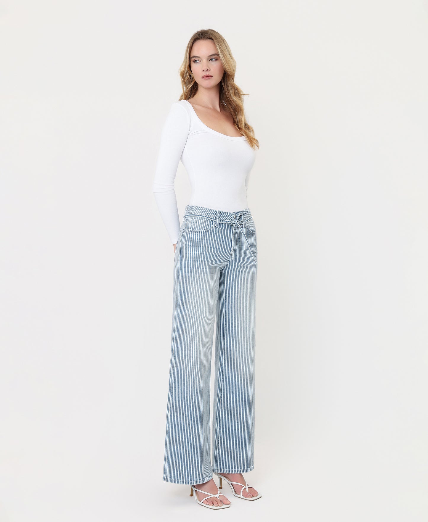 Right 45 degrees product image of Stripe - High Rise Waist Tie Full Length Wide Leg Jeans
