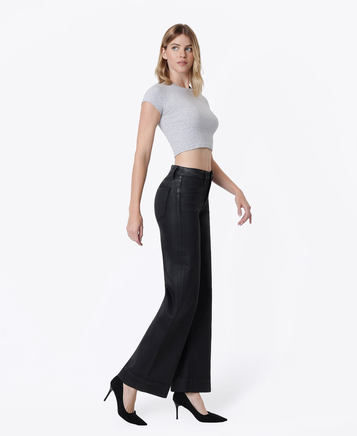 Right 45 degrees product image of Black - High Rise Trouser Hem Coated Wide Leg Jeans