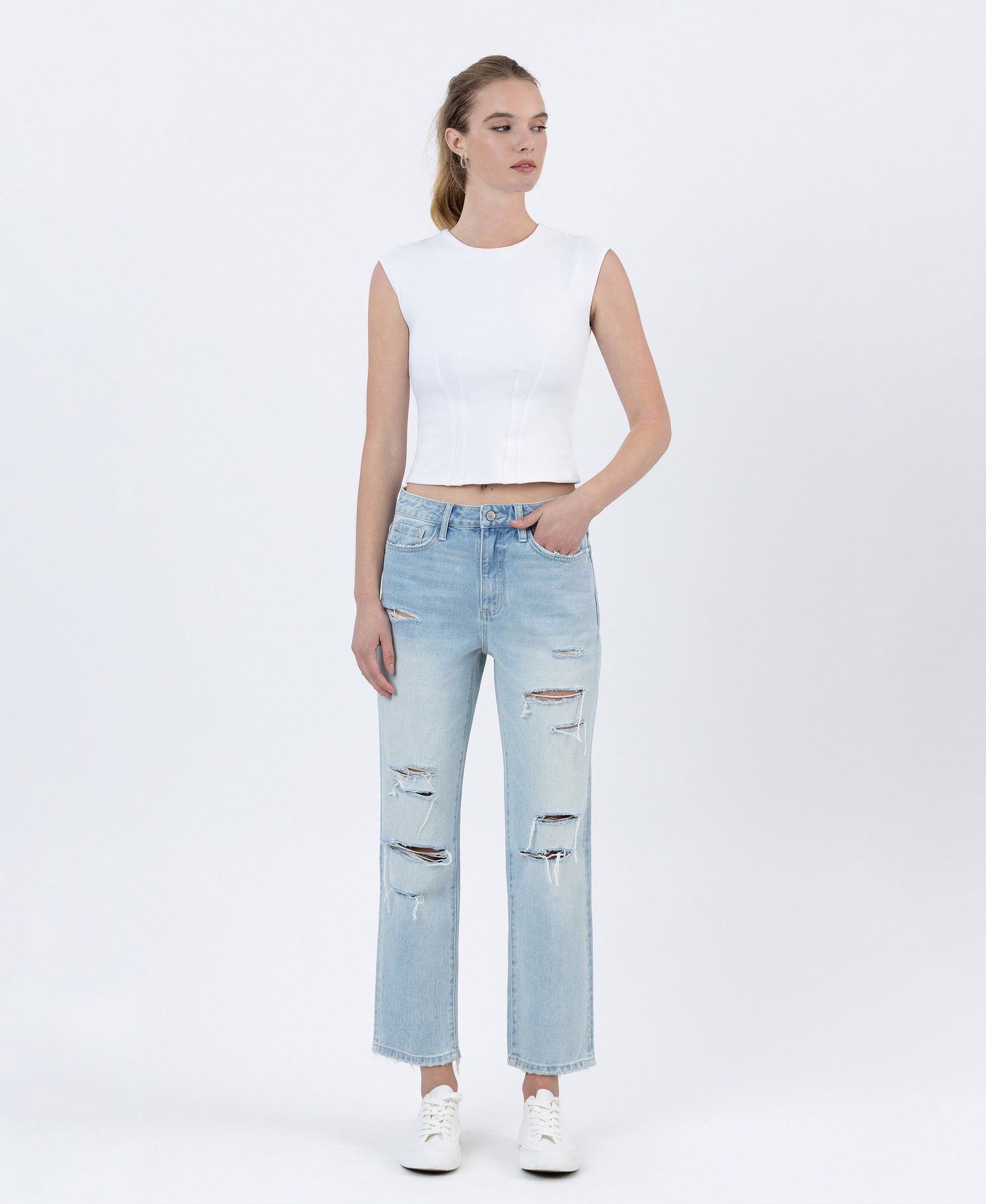Front product images of Youth - Super High Rise Distressed Crop Straight Jeans