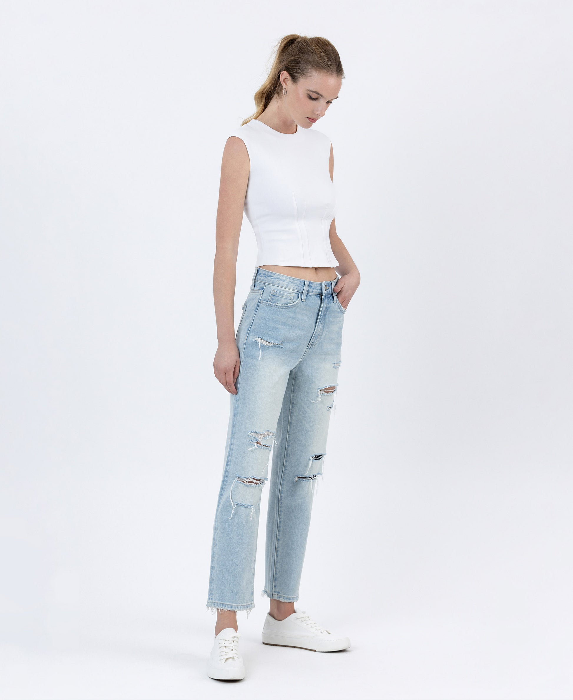 Right 45 degrees product image of Youth - Super High Rise Distressed Crop Straight Jeans