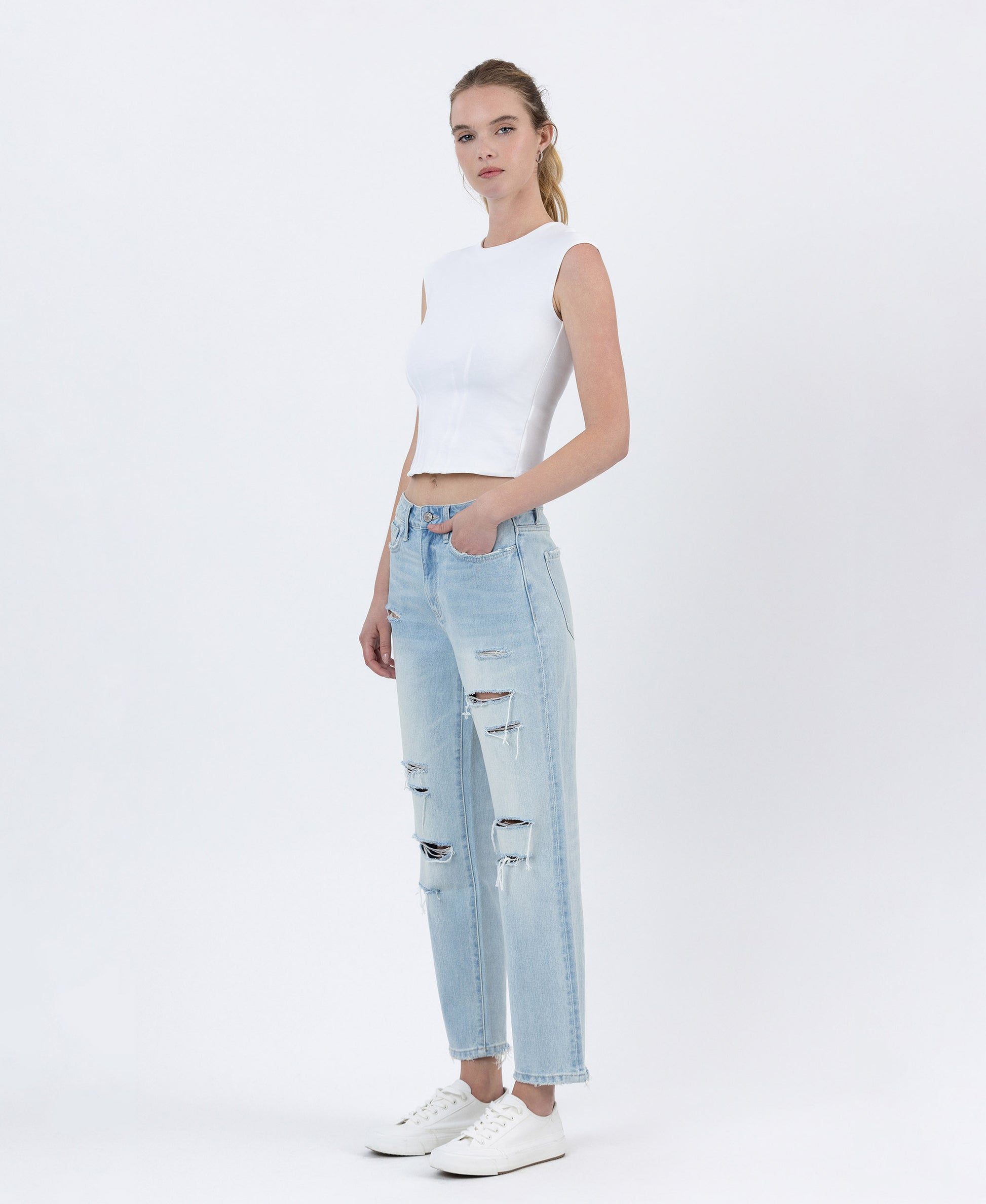 Left 45 degrees product image of Youth - Super High Rise Distressed Crop Straight Jeans