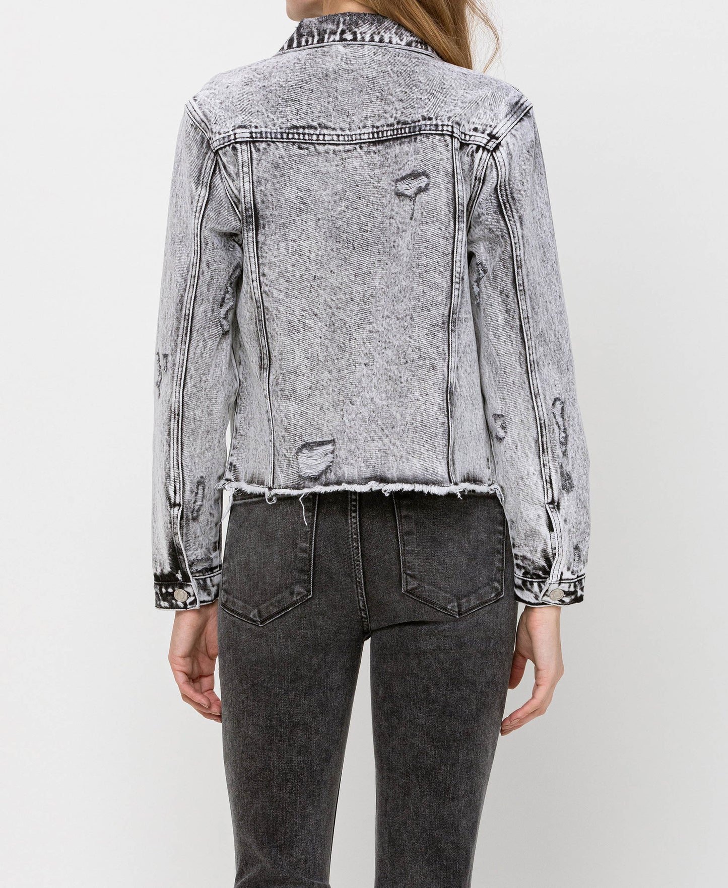Back product images of Escala - Distressed Black Acid Wash Classic Crop Jacket