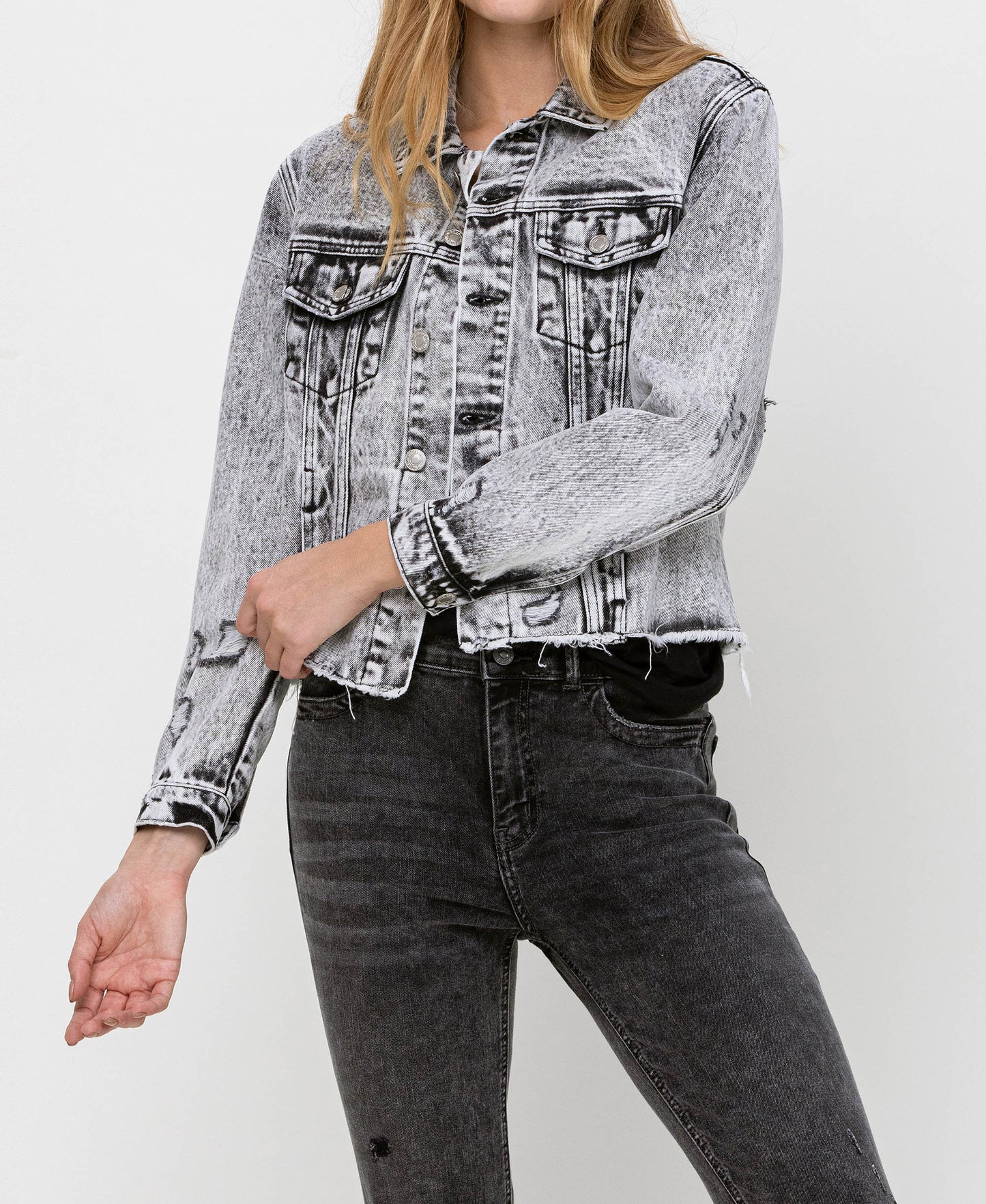 Front product images of Escala - Distressed Black Acid Wash Classic Crop Jacket