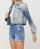 Left 45 degrees product image of Yumi - Rigid Classic Crop Denim Jacket W Blue Tie Dye Wash