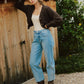 editorial image of Loftiness - High Rise Raw Hem Paneled Seams Barrel Jeans