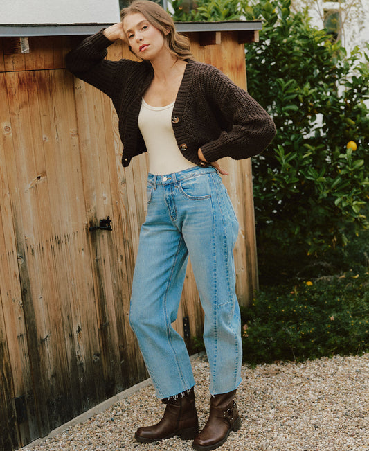 editorial image of Loftiness - High Rise Raw Hem Paneled Seams Barrel Jeans